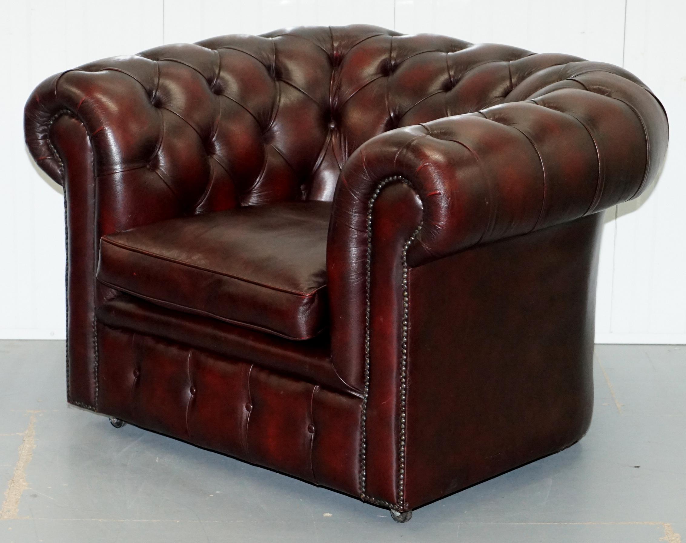 Pair of Feather Filled Cushion Chesterfield Oxblood Leather Club Armchairs 9