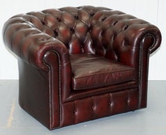 Pair of Feather Filled Cushion Chesterfield Oxblood Leather Club Armchairs