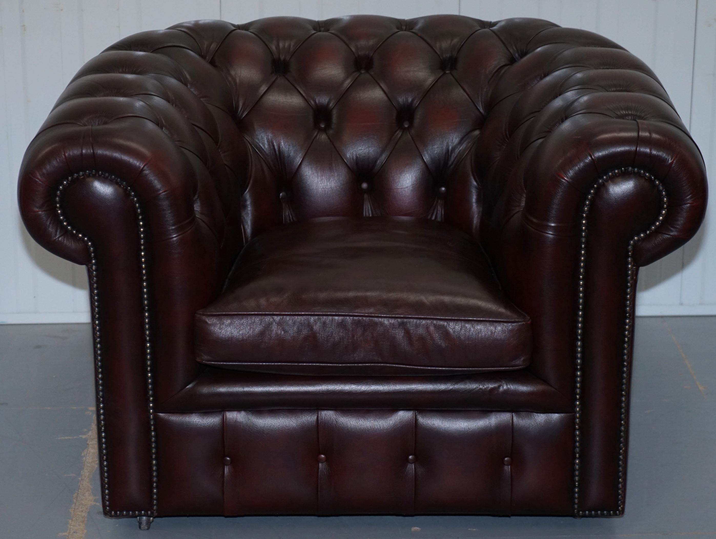 Victorian Pair of Feather Filled Cushion Chesterfield Oxblood Leather Club Armchairs