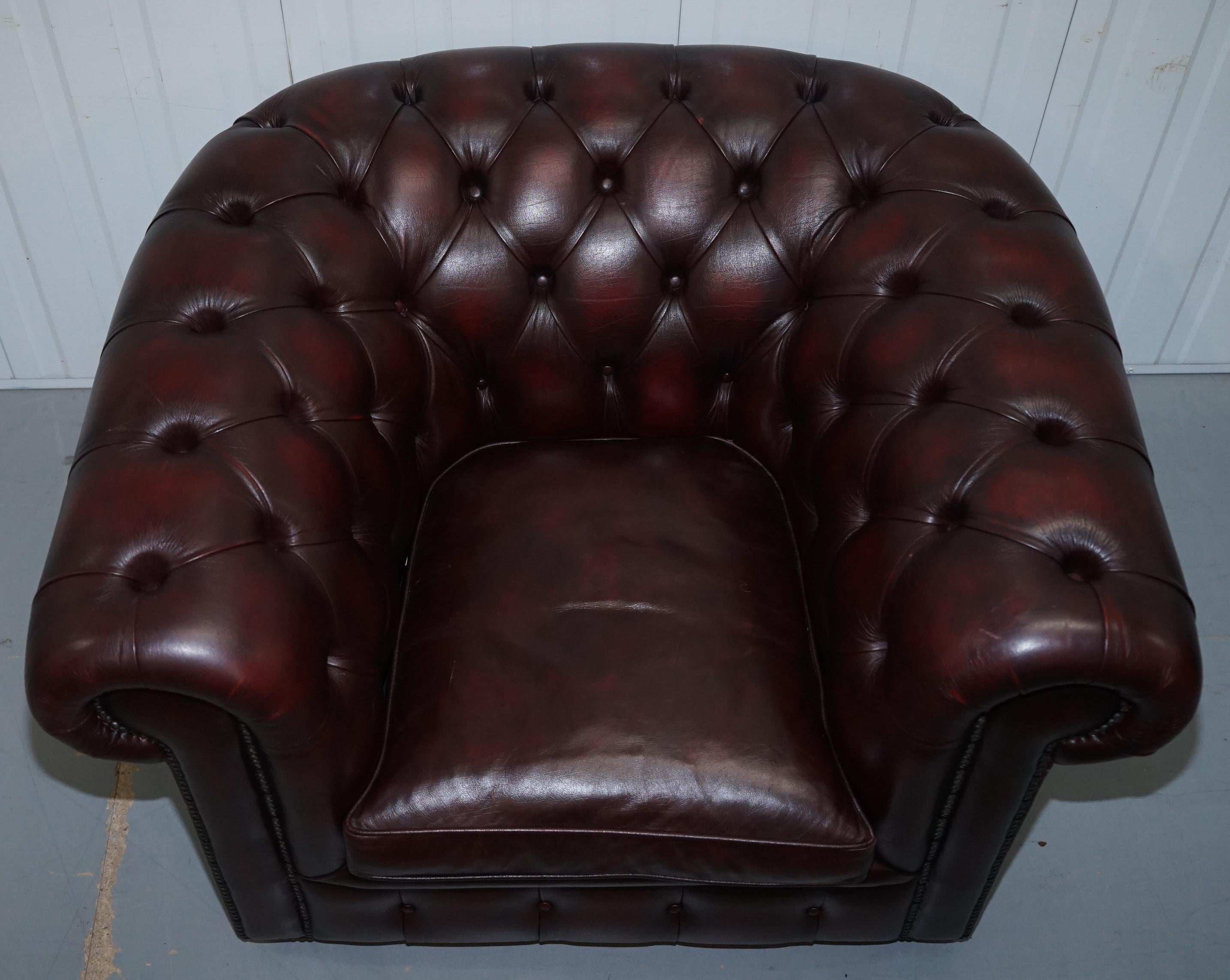 Hand-Crafted Pair of Feather Filled Cushion Chesterfield Oxblood Leather Club Armchairs