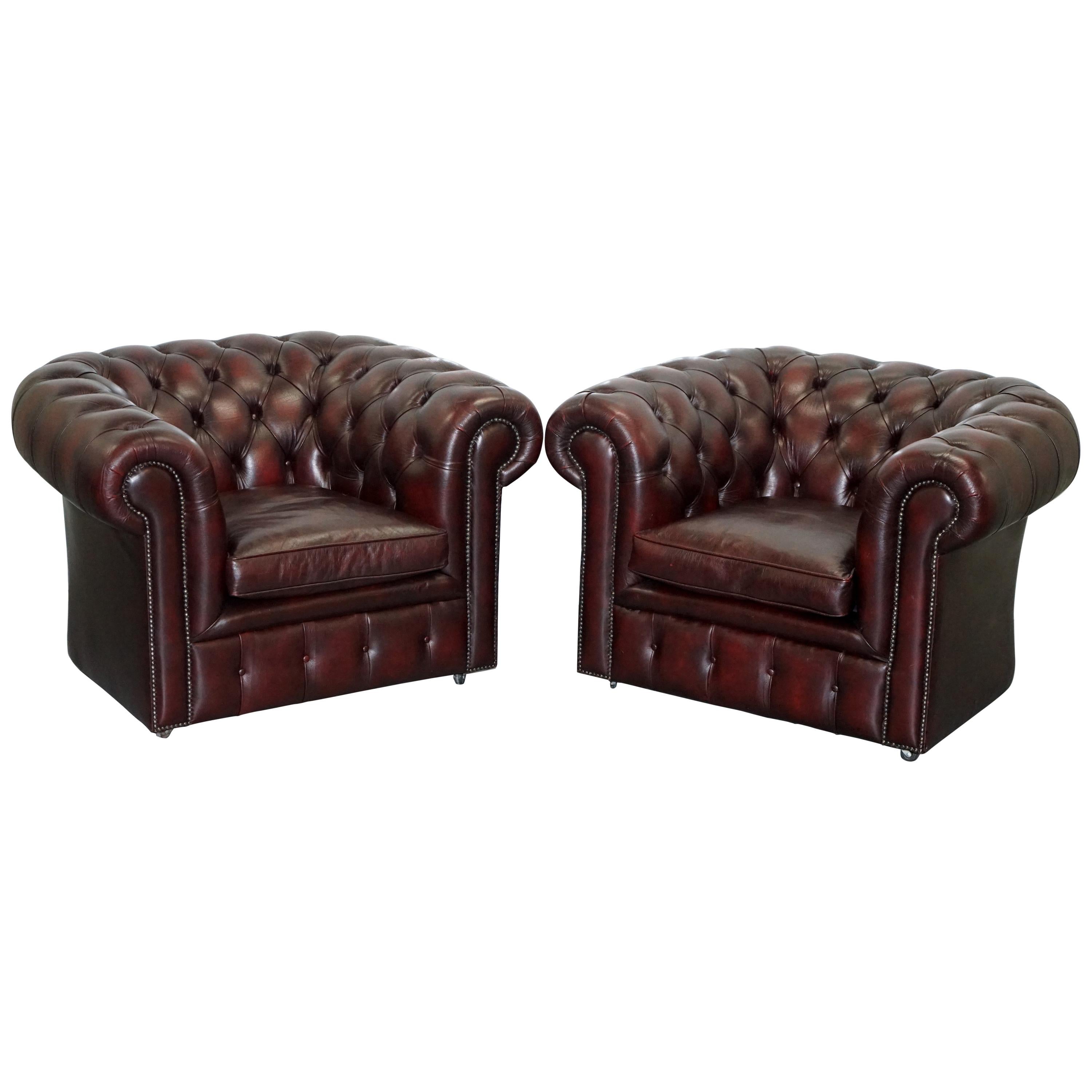 Pair of Feather Filled Cushion Chesterfield Oxblood Leather Club Armchairs