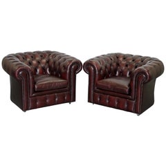 Vintage Pair of Feather Filled Cushion Chesterfield Oxblood Leather Club Armchairs