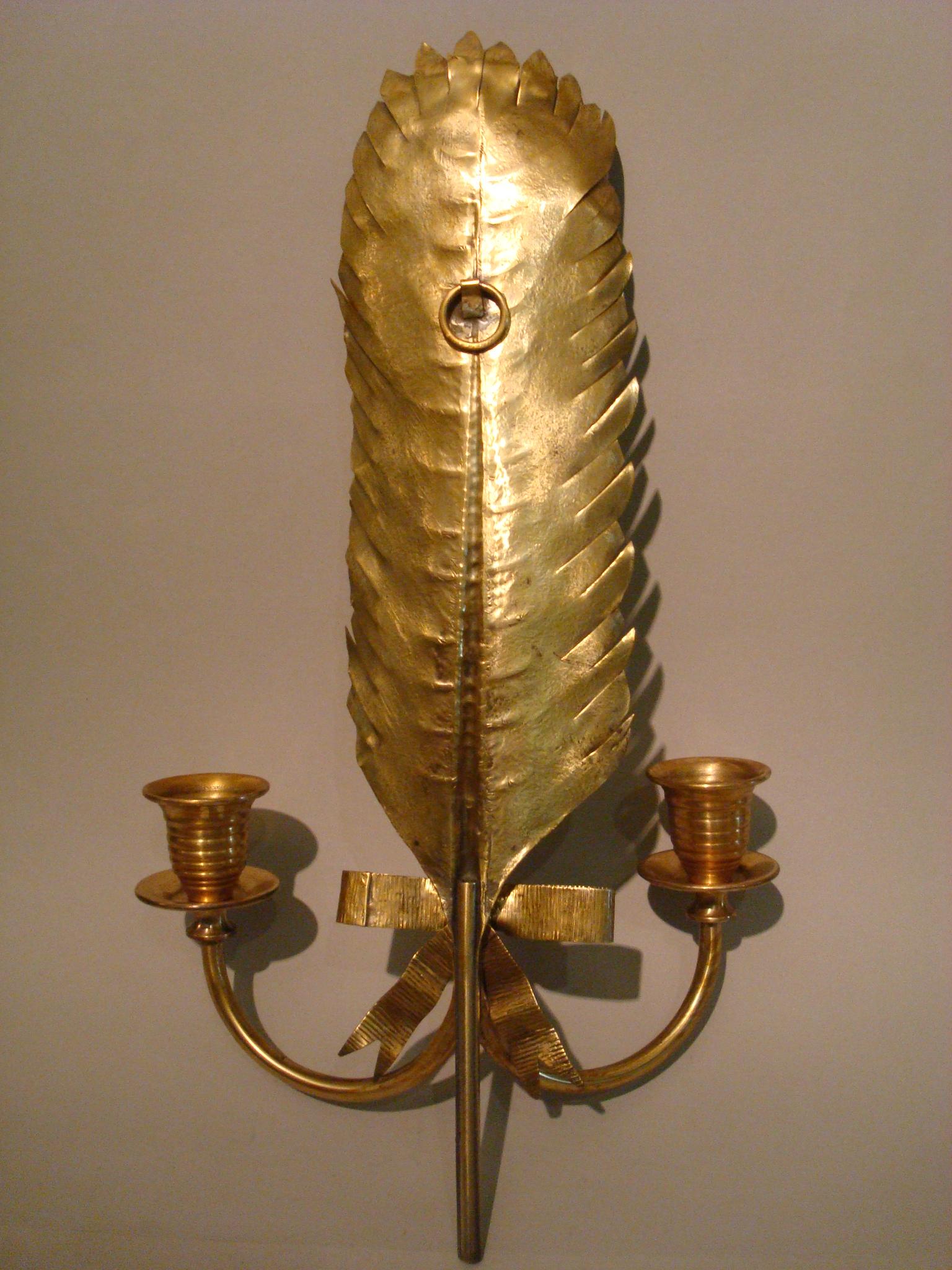 French Pair of Feather Gilt Brass Sconces Maison Jansen