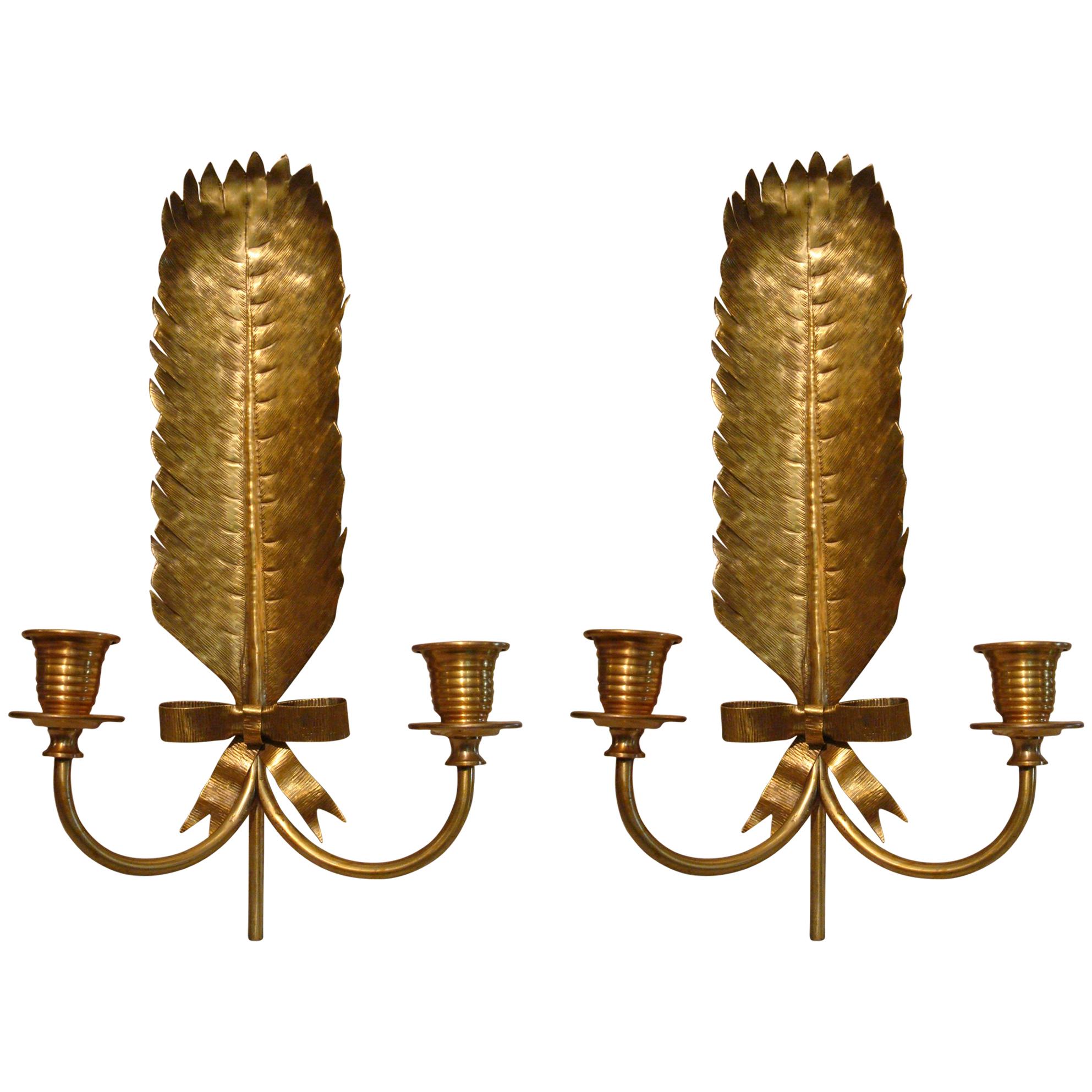 Pair of Feather Gilt Brass Sconces Maison Jansen