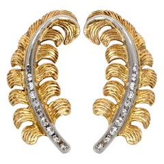 Pair of Feather Motif Yellow Gold Ear-Clips with Diamonds, circa 1930-1940
