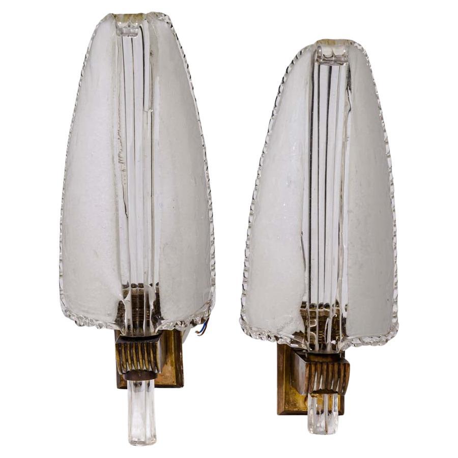 Pair of Feather shaped glass sconces Murano glass by Tomaso Buzzi  For Sale