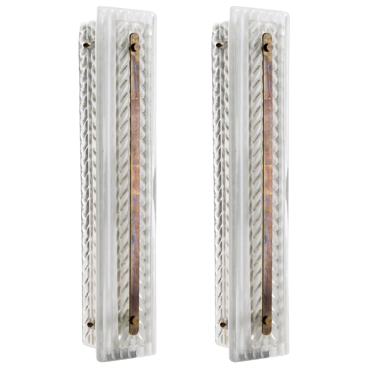 Pair of Feather Wall Sconces in Murano Glass with Brass Strip Detail