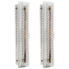 Pair of Feather Wall Sconces in Murano Glass with Brass Strip Detail