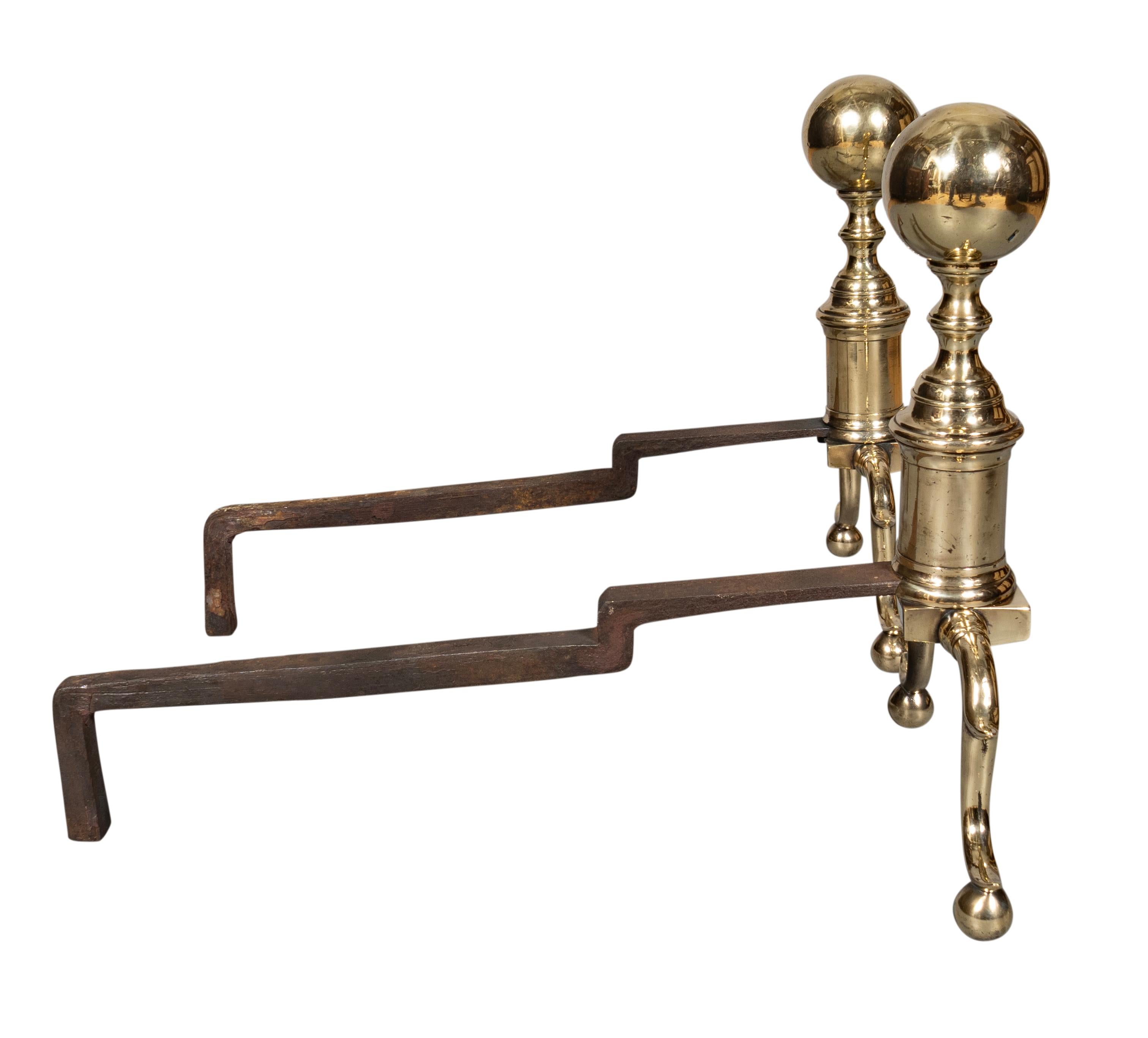 American Pair Of Federal Brass Ball Top Andirons For Sale