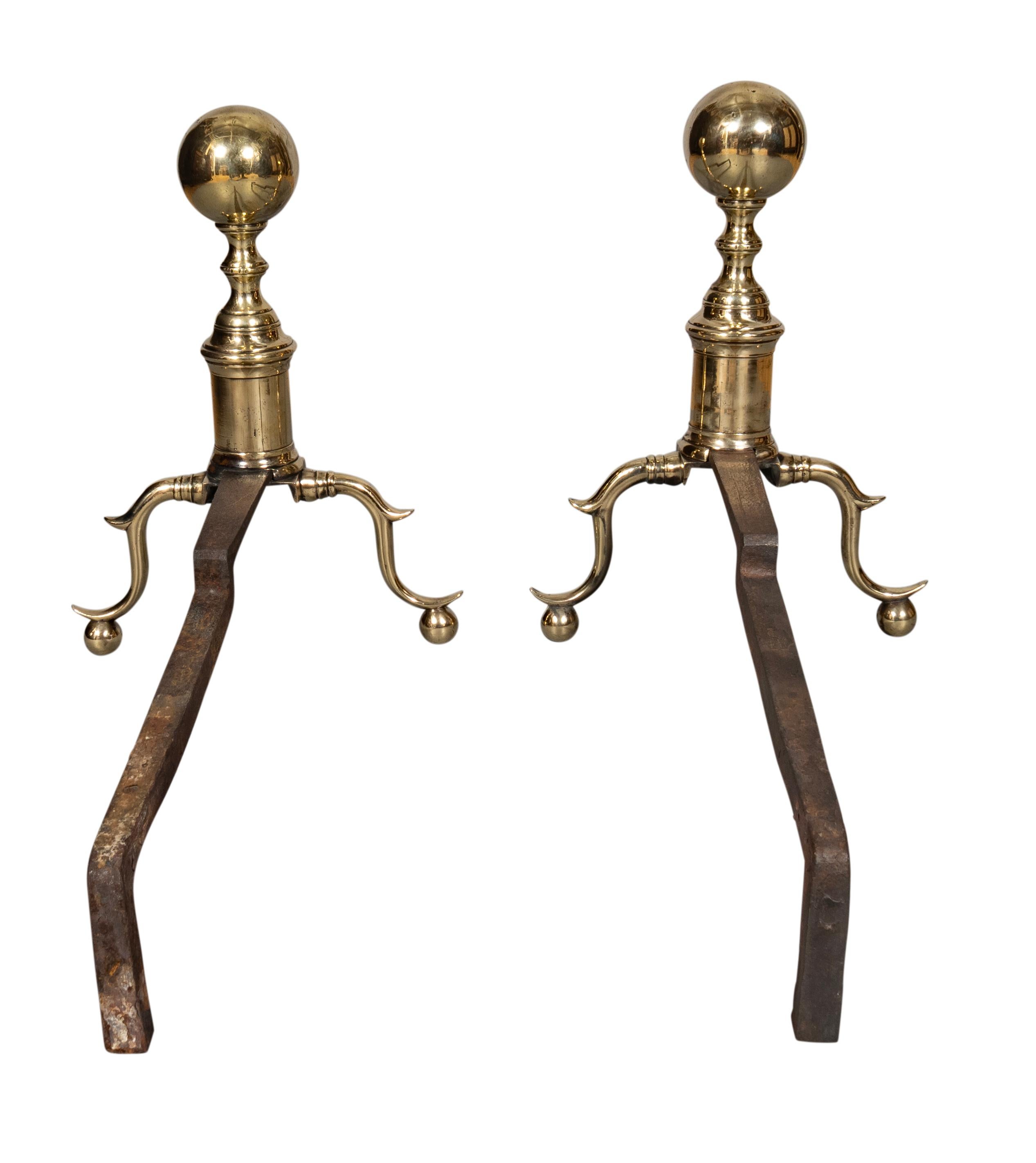 Pair Of Federal Brass Ball Top Andirons In Good Condition For Sale In Essex, MA