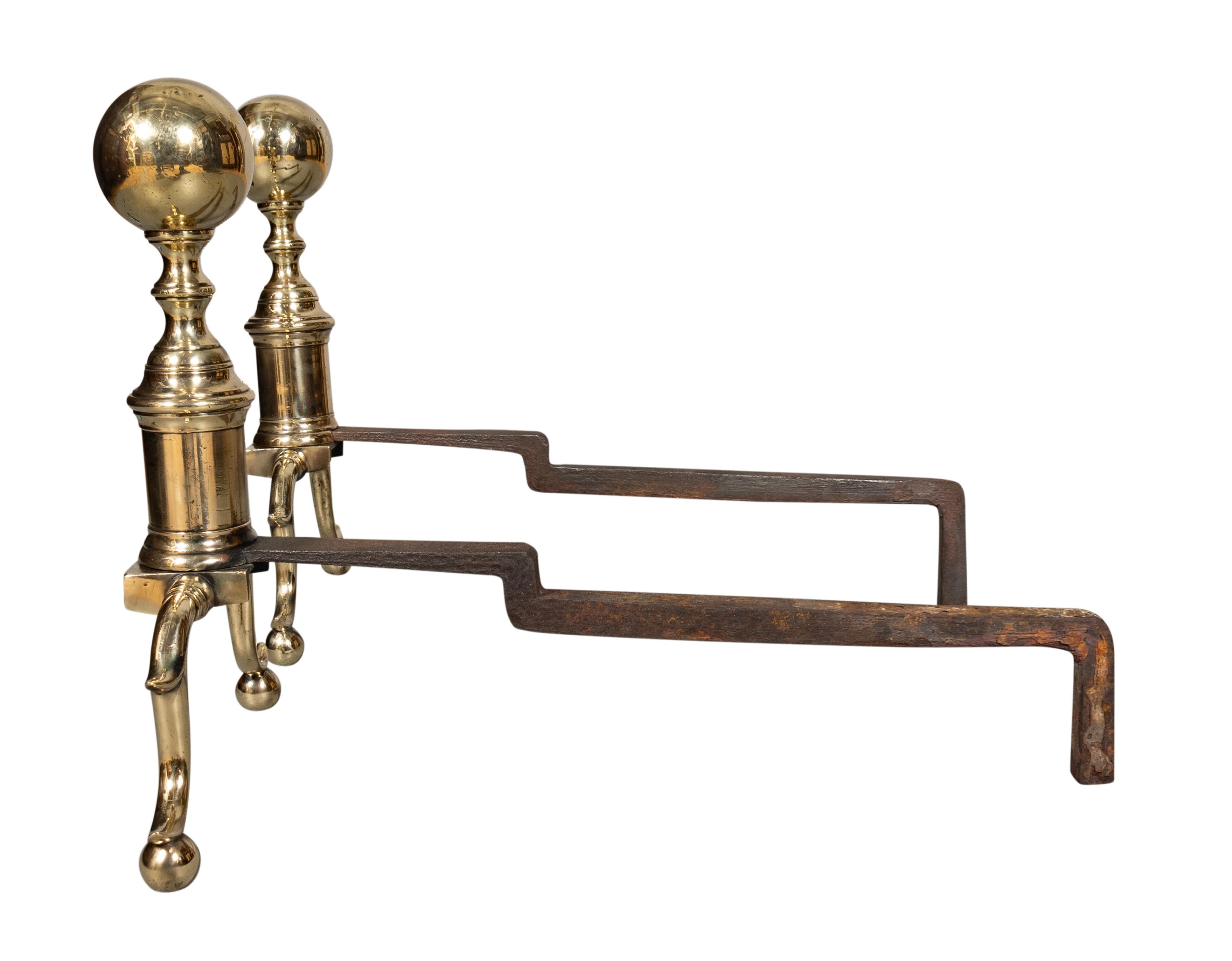 19th Century Pair Of Federal Brass Ball Top Andirons For Sale