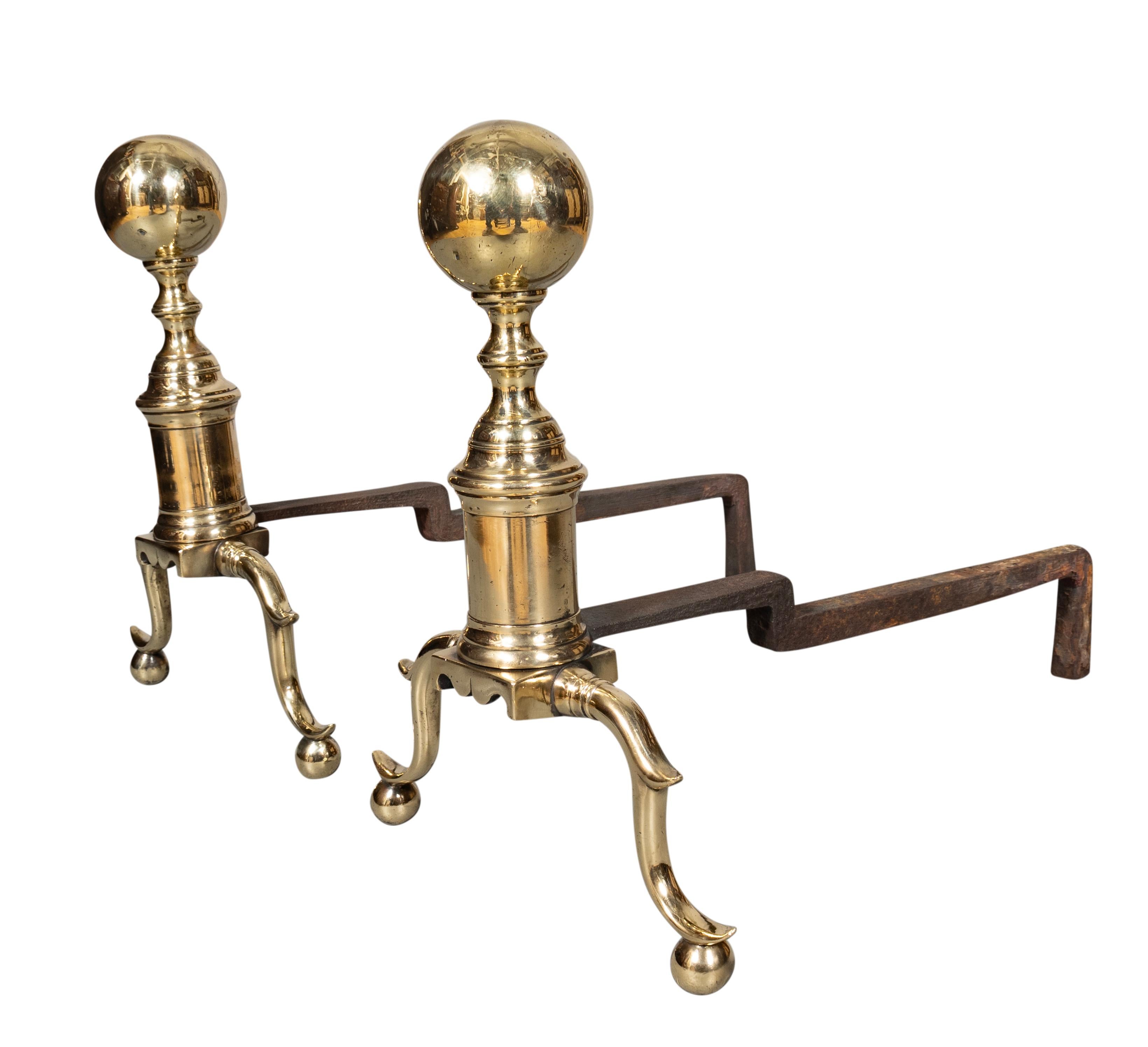 Pair Of Federal Brass Ball Top Andirons For Sale 1