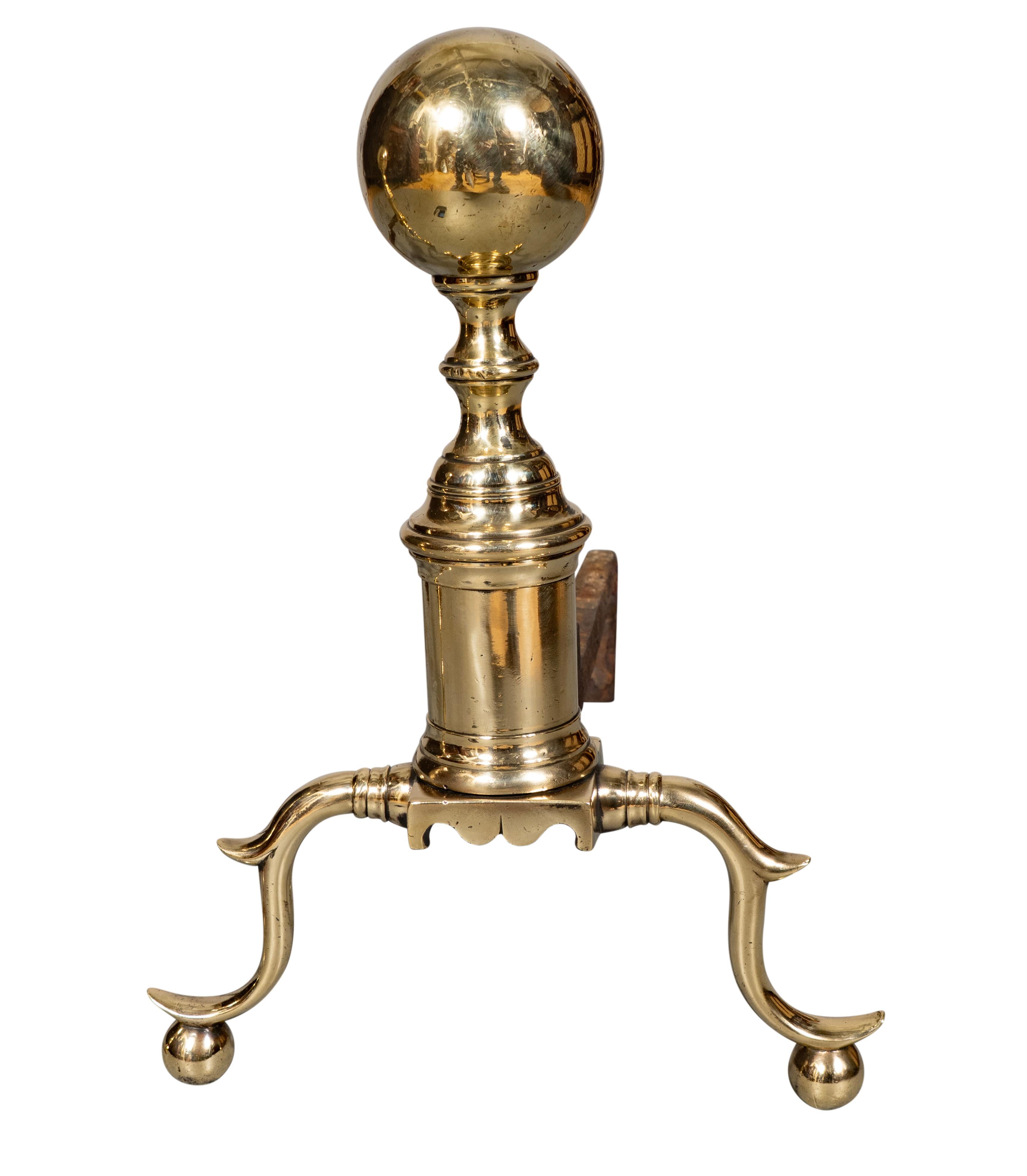 Pair Of Federal Brass Ball Top Andirons For Sale 2