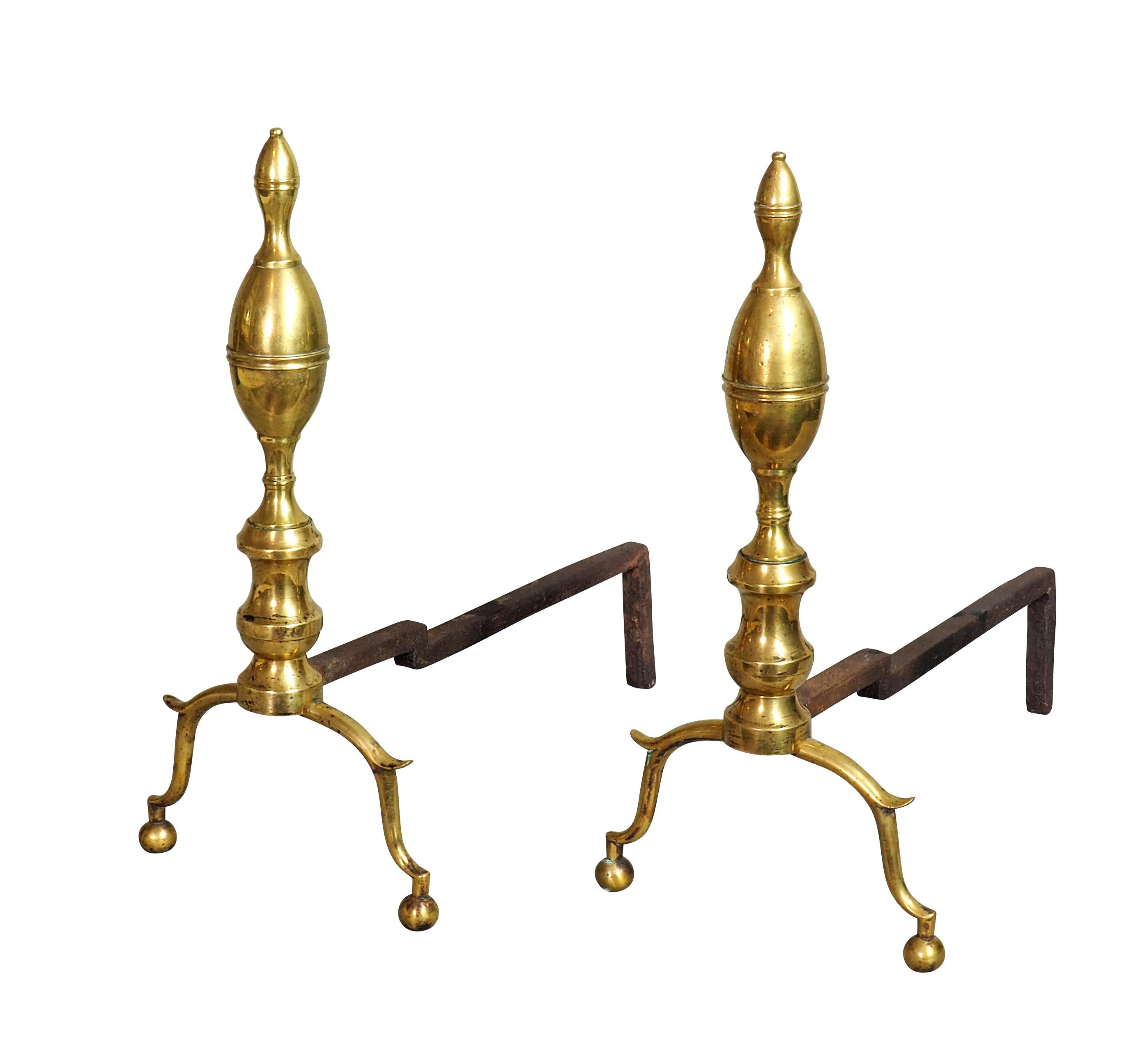 American Pair of Federal Brass Lemon Top Andirons