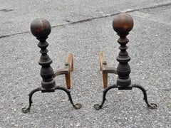 Pair of Federal Cannonball Iron and Brass Andirons, Circa 1800s