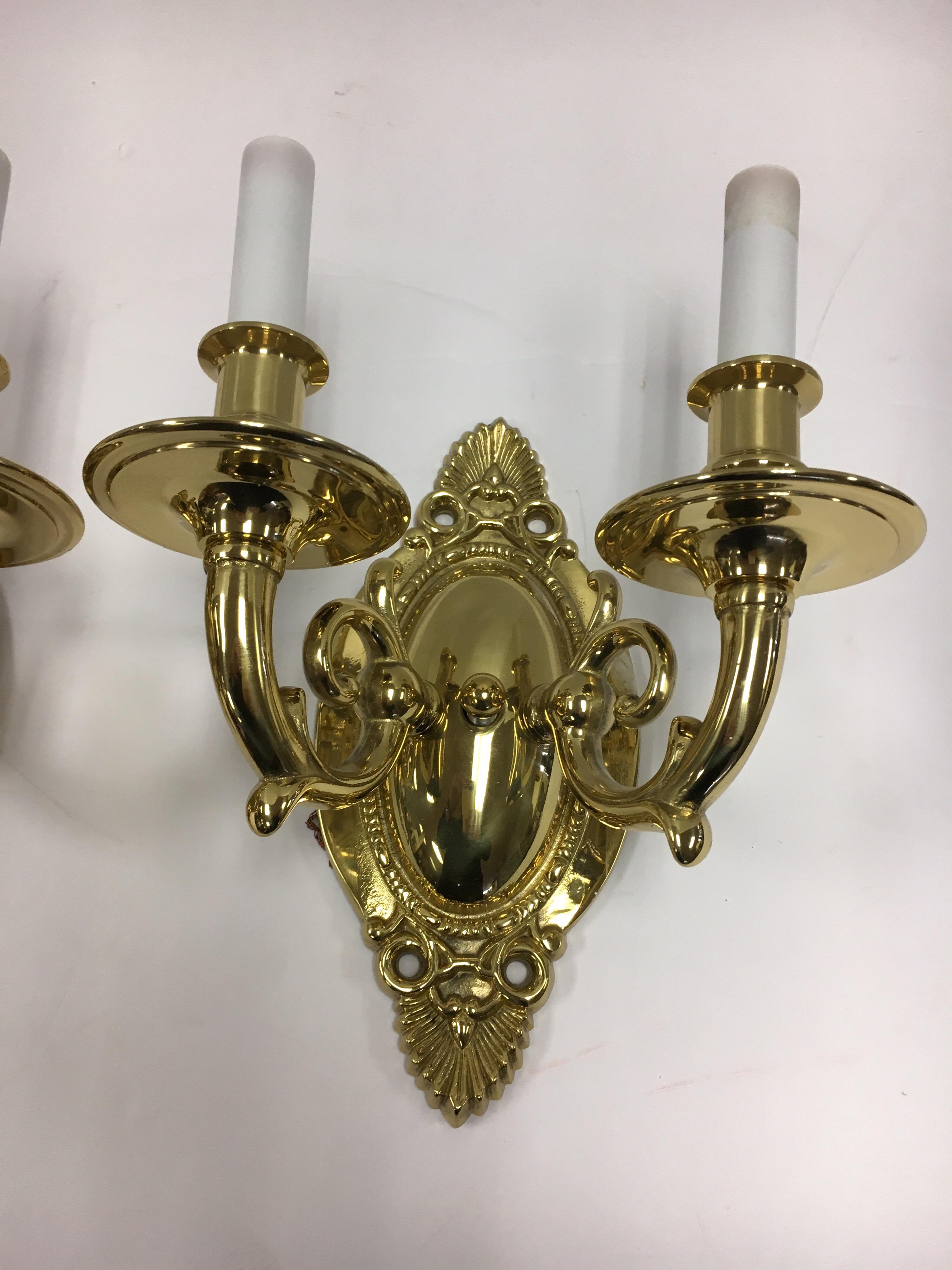Mid-20th Century Pair of Federal Federalist Two- Light Brass Sconces