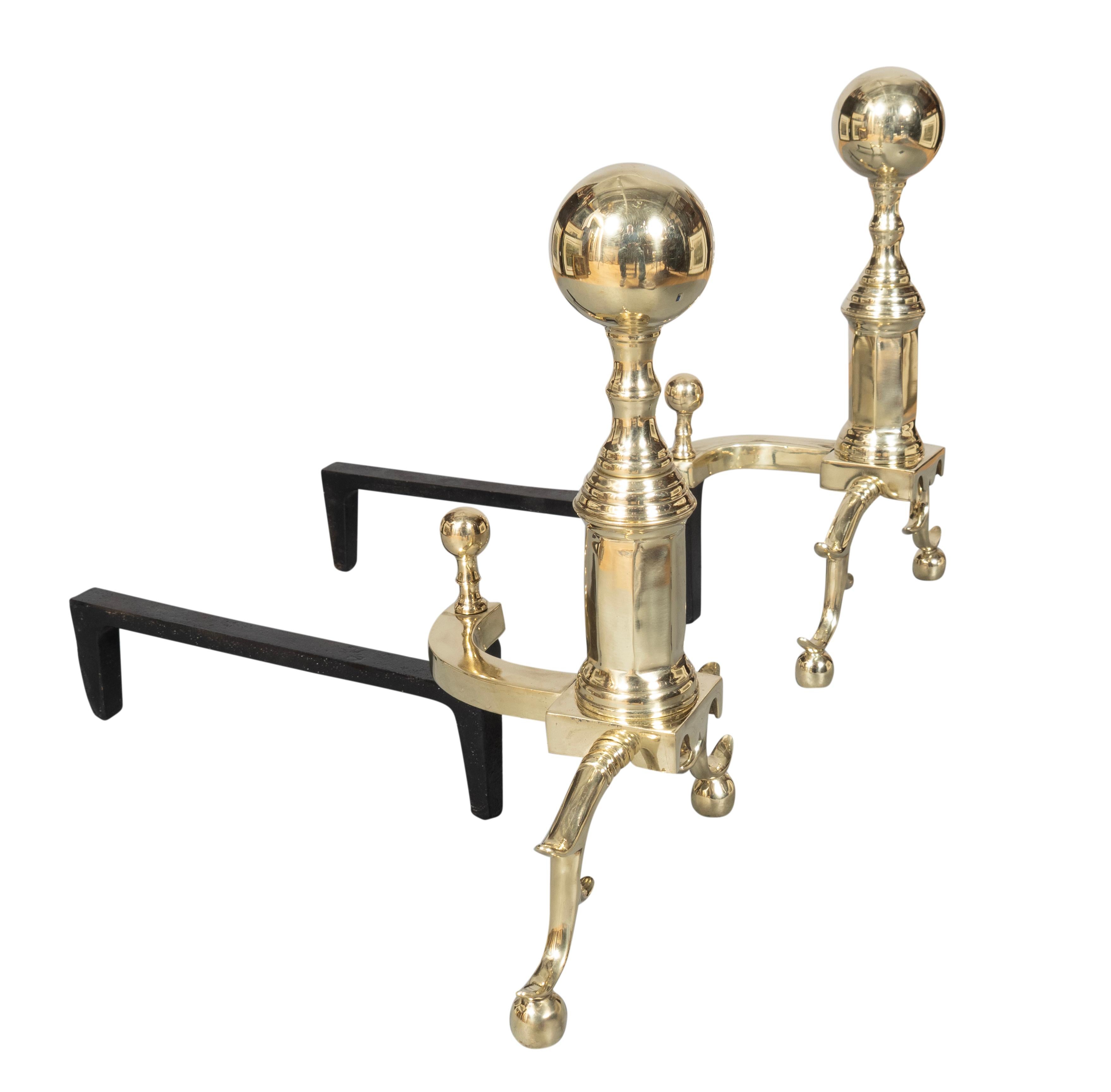 American Pair Of Federal Style Brass Andirons For Sale