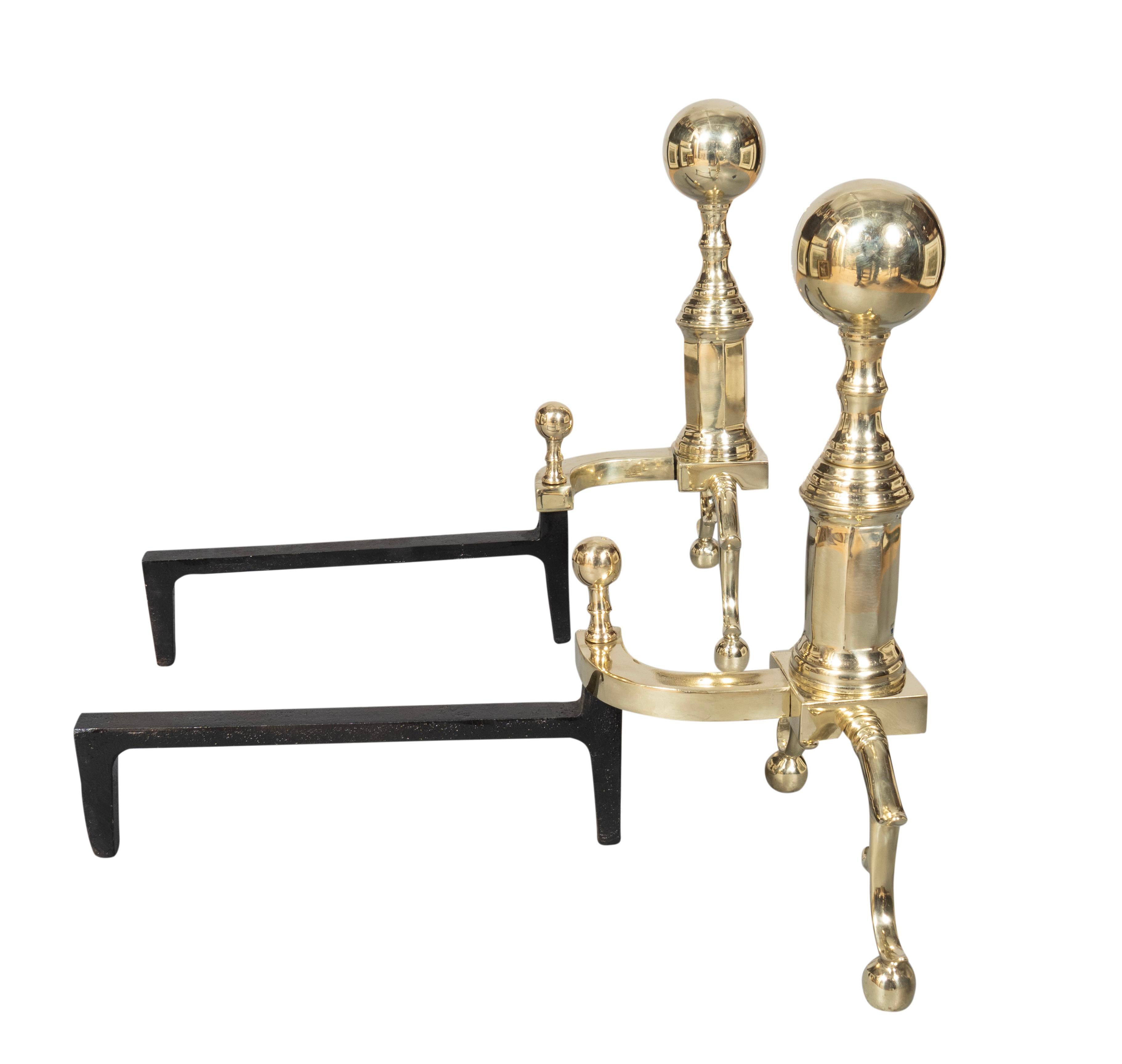 Pair Of Federal Style Brass Andirons In Good Condition For Sale In Essex, MA