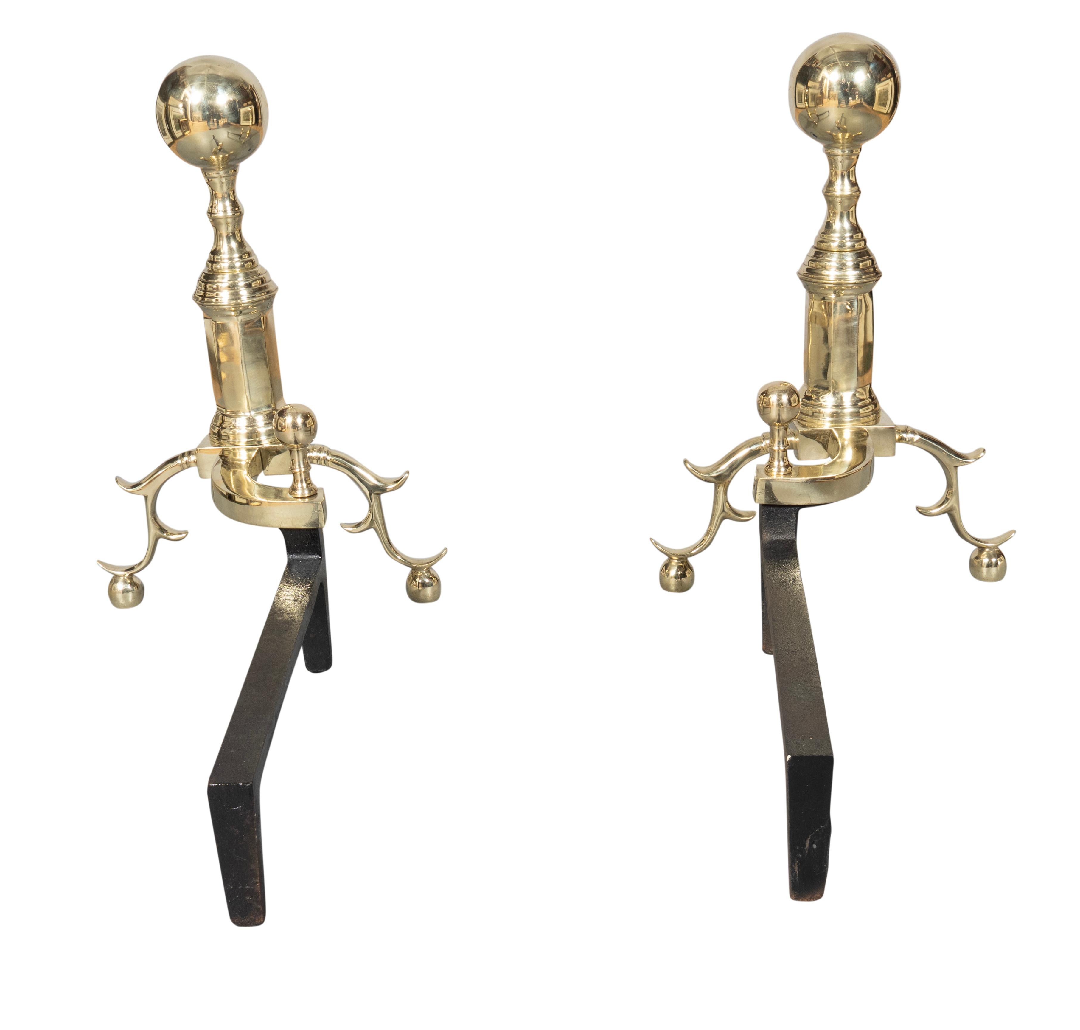 Mid-20th Century Pair Of Federal Style Brass Andirons For Sale