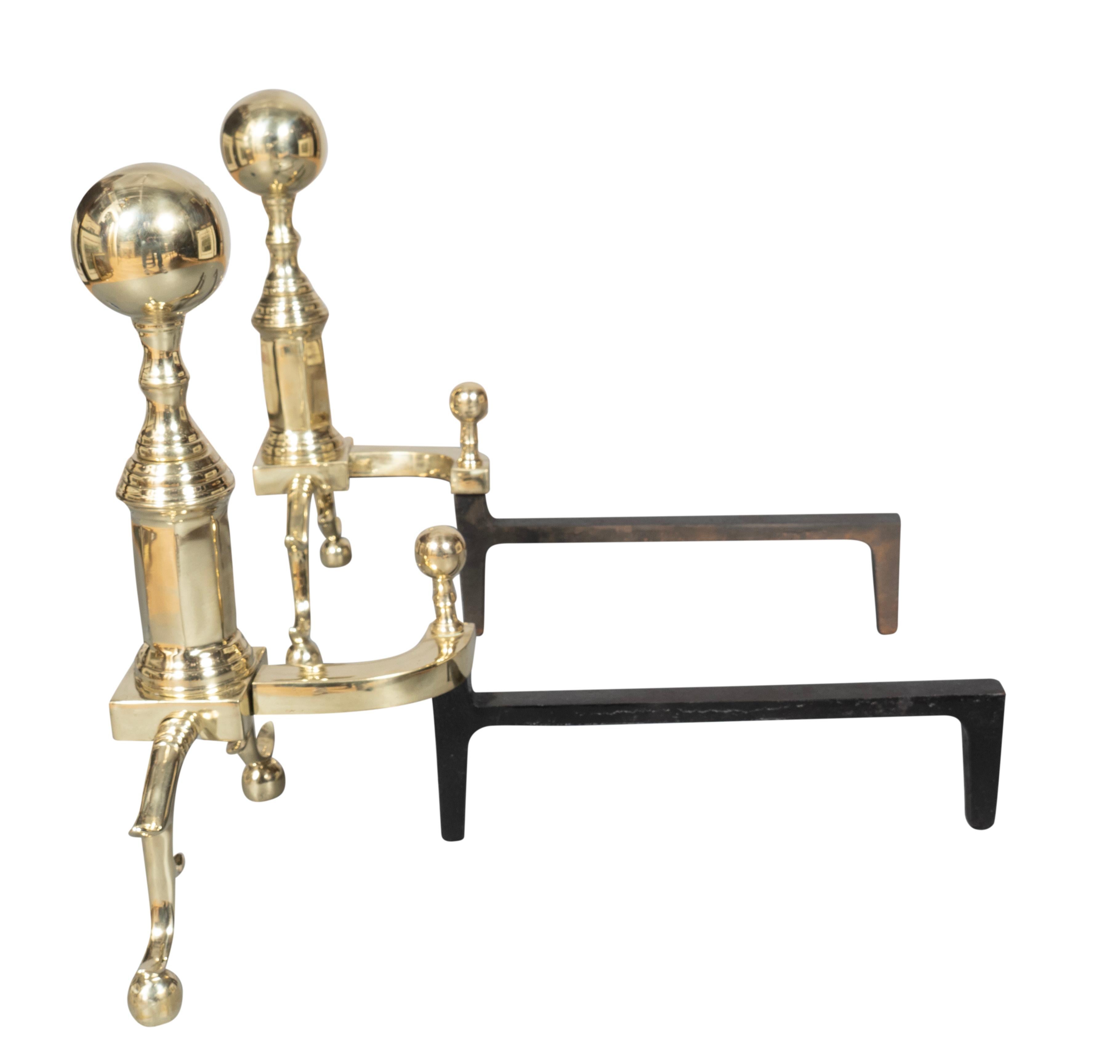 Pair Of Federal Style Brass Andirons For Sale 1