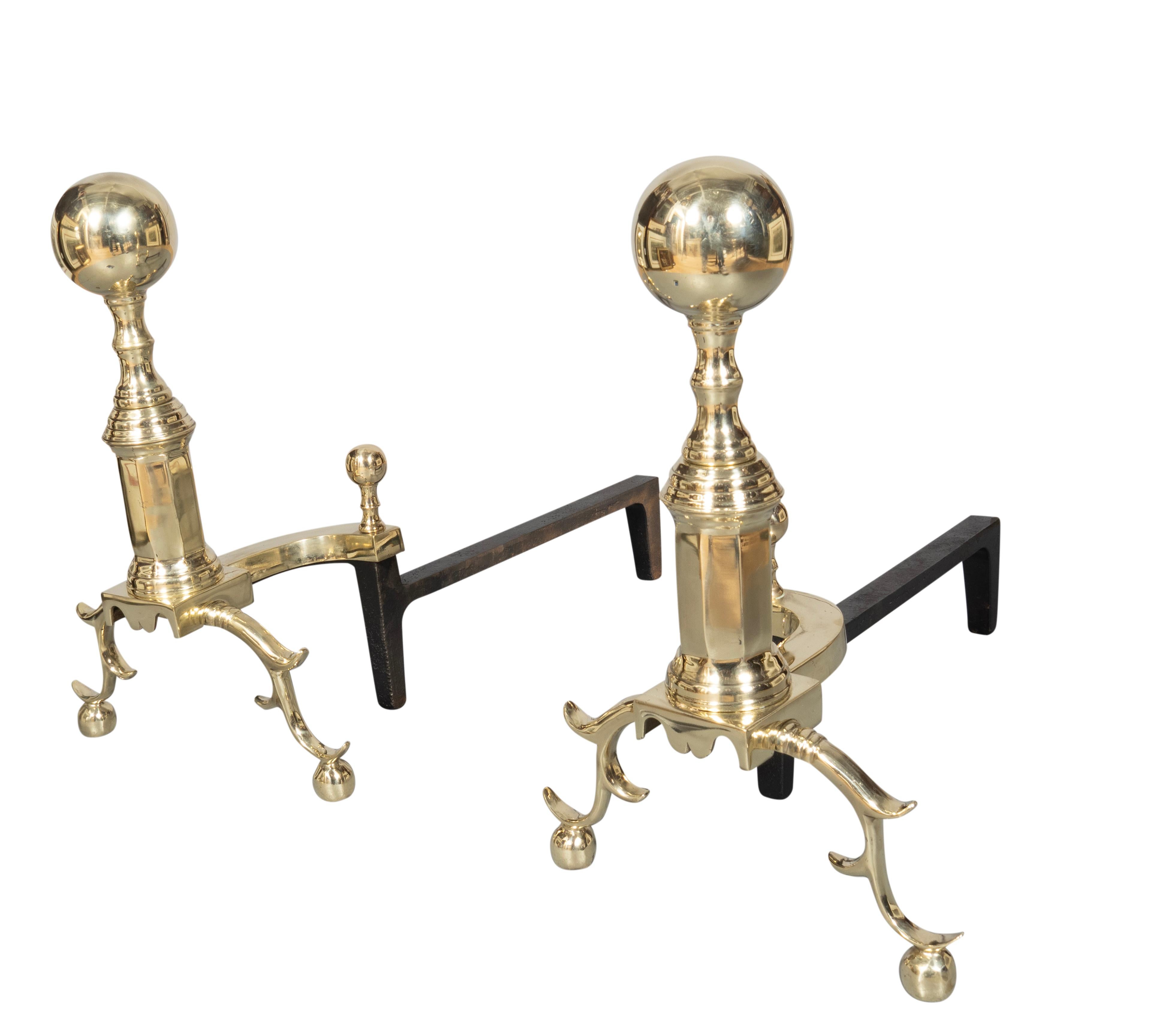 Pair Of Federal Style Brass Andirons For Sale 2