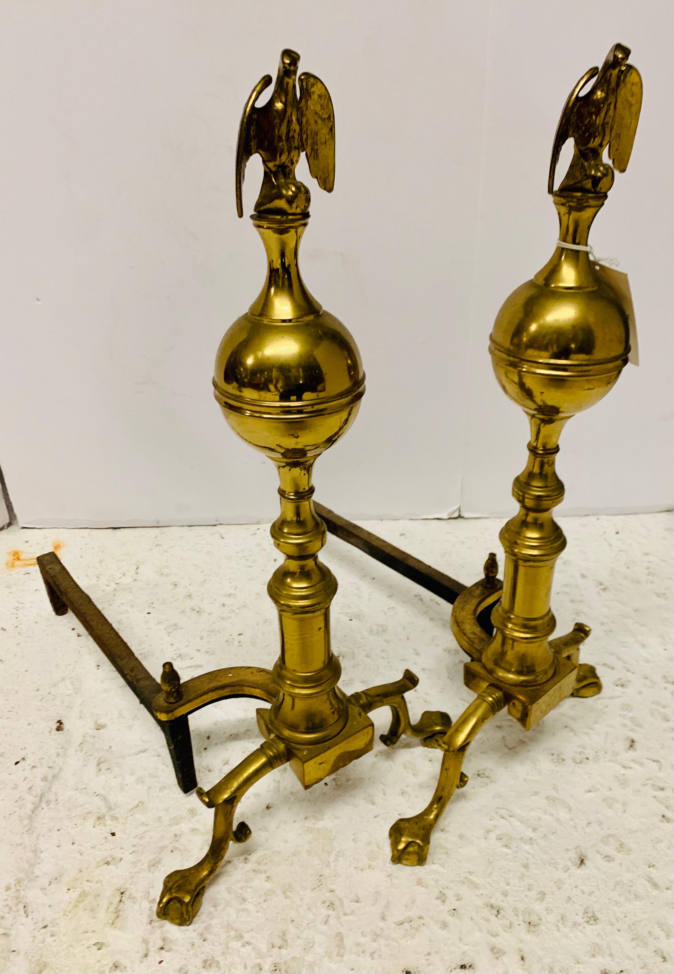 Pair of Federal Style Brass Eagle Andirons In Good Condition In West Hartford, CT
