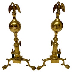 Antique Pair of Federal Style Brass Eagle Andirons