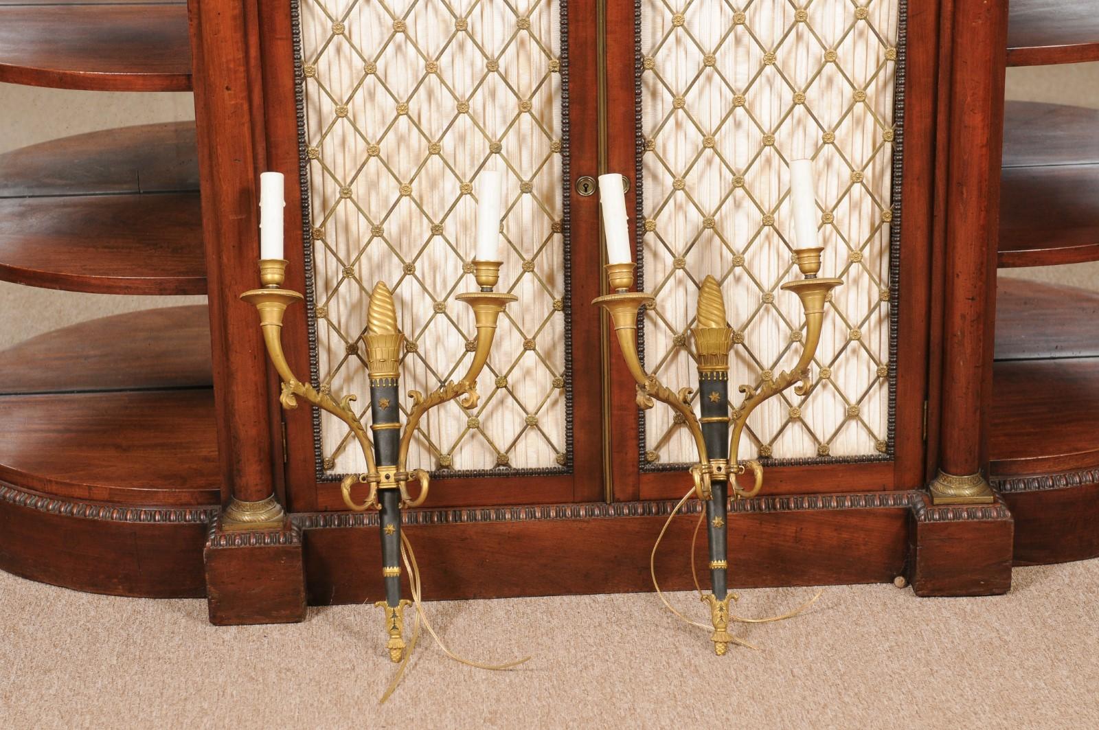 European Pair of Federal Style Gilt Bronze 2 Lite Sconces Early 20th Cent 'One Pair Only' For Sale