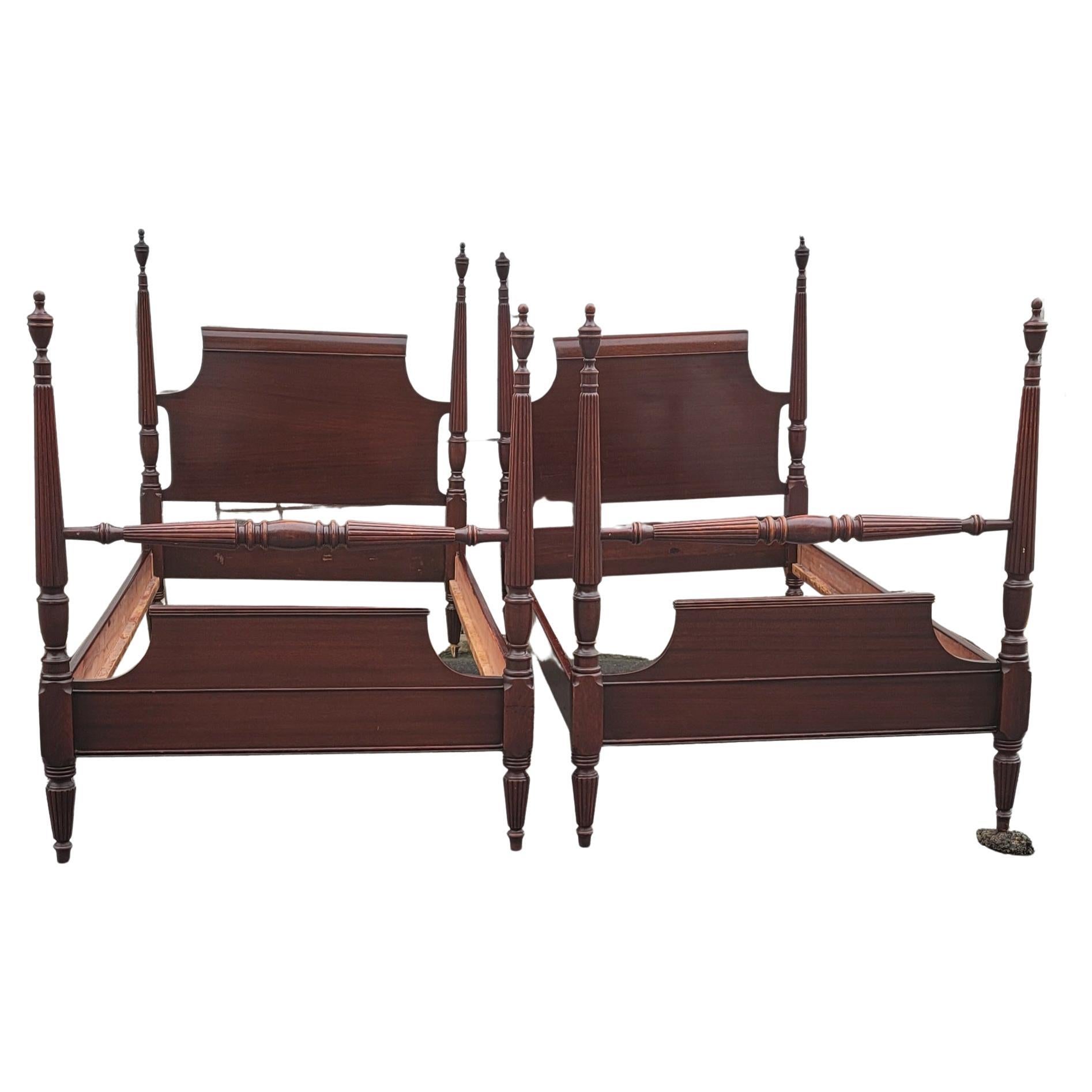 American Pair of Federal Style Mahogany Semi-Poster Twin Size Bedsteads, Circa 1940s,