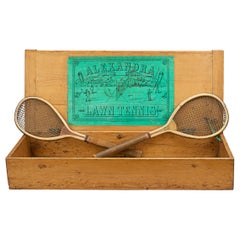 Antique Pair of Feltham Lawn Tennis Rackets, 'The Alexandra' in Original Box and Poster