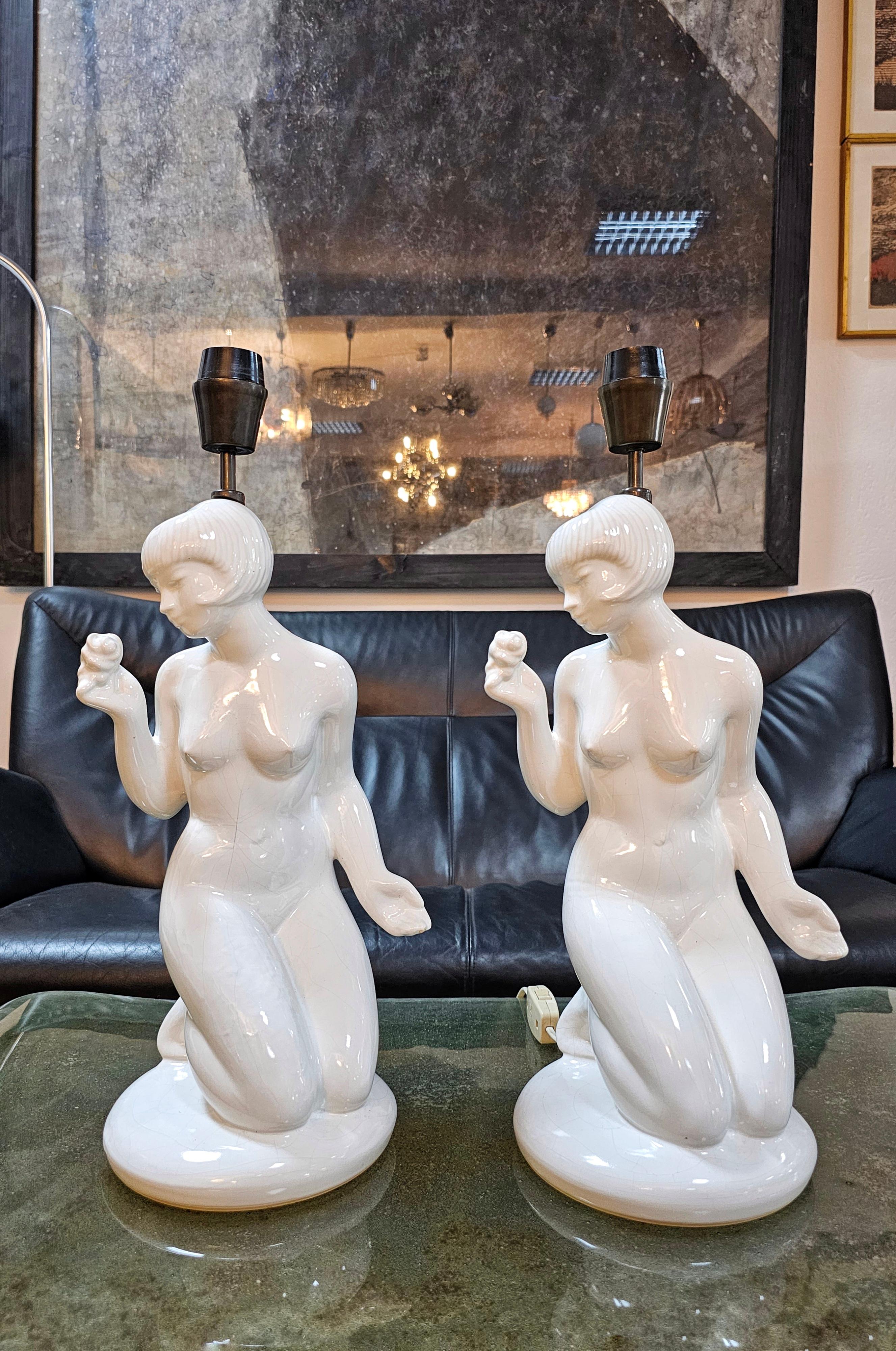 Pair of Female Nude Figure Ceramic Table Lamps, late Art Deco, Poland 1960s For Sale 6