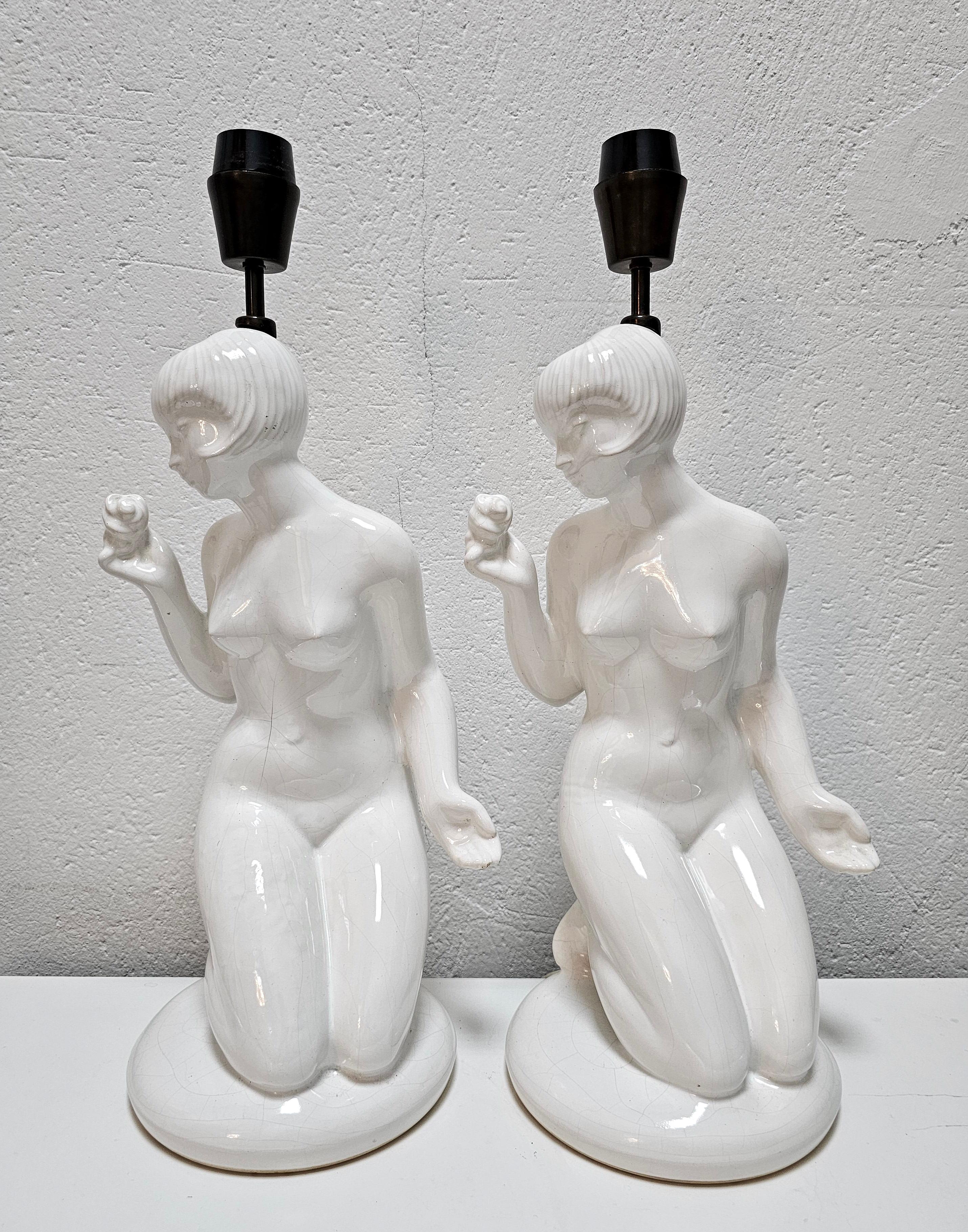 Pair of Female Nude Figure Ceramic Table Lamps, late Art Deco, Poland 1960s For Sale 2