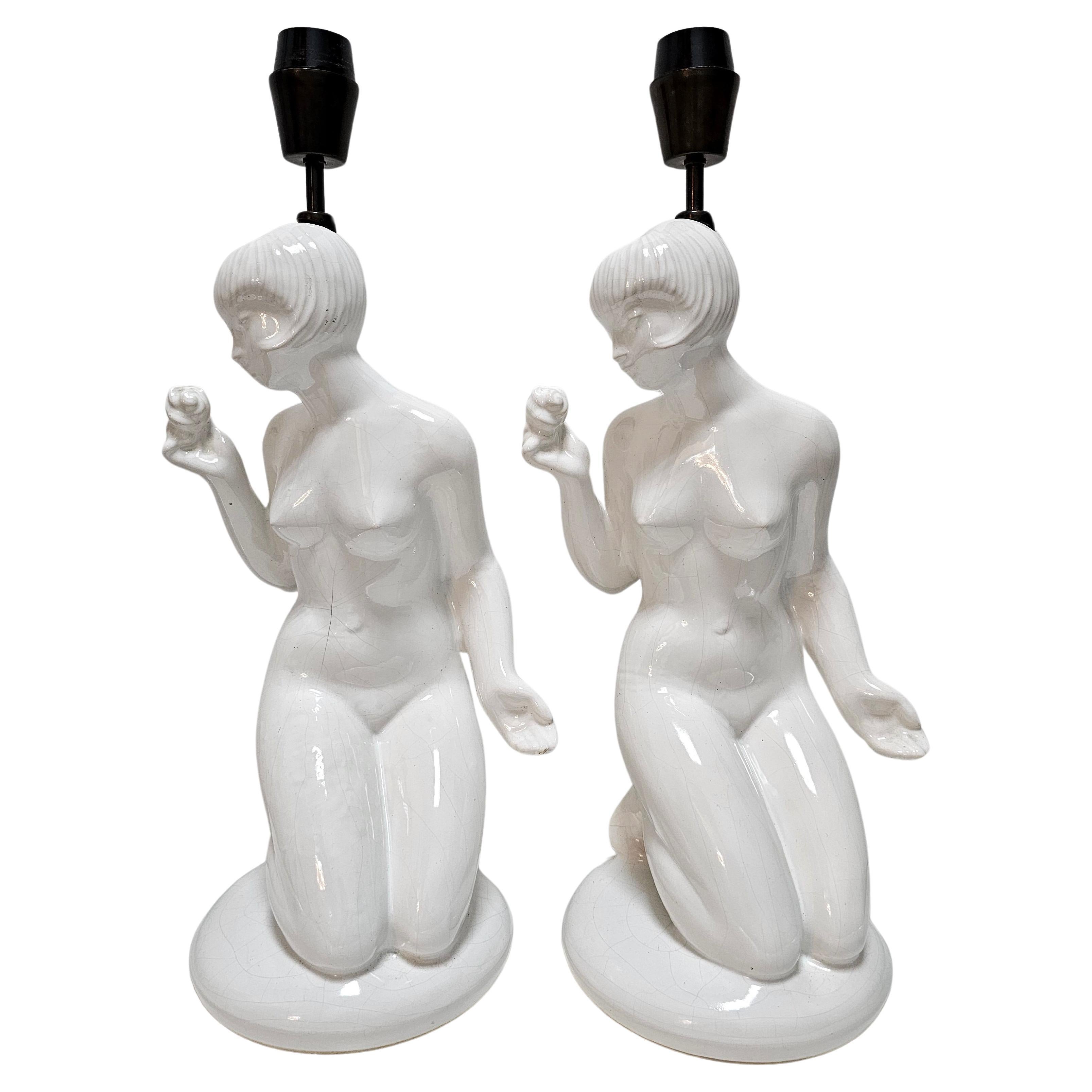Pair of Female Nude Figure Ceramic Table Lamps, late Art Deco, Poland 1960s For Sale