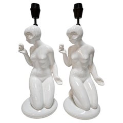 Retro Pair of Female Nude Figure Ceramic Table Lamps, late Art Deco, Poland 1960s