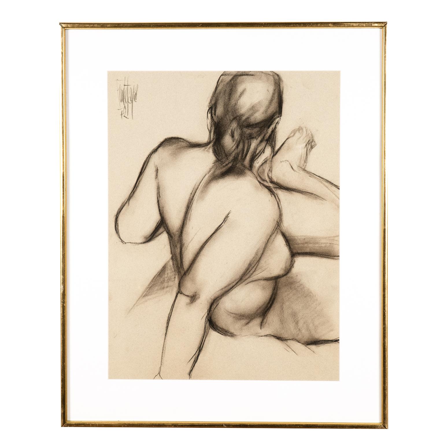 A quiet sophisticated pair of charcoal drawings of a reclining nude woman by Spanish born (1951) artist José Luis Fuentetaja. They are framed in original brass detailed frames with a new white mat board. 
Good scale and ready to hang.