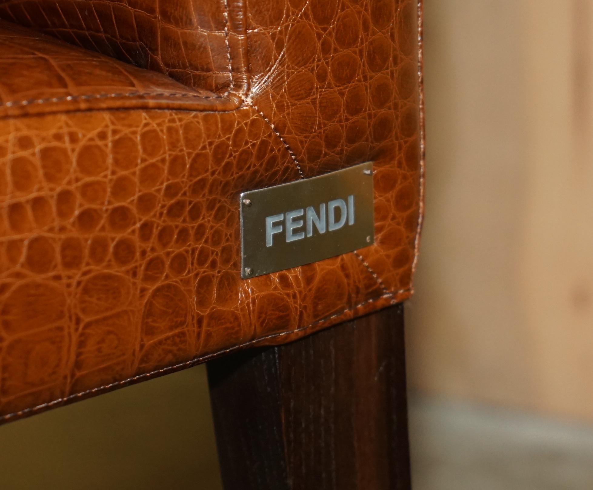 Hand-Crafted PAIR OF FENDI ALLIGATOR CROCODILE PATINA BROWN LEATHER OCCASIONAL CHAIRs For Sale