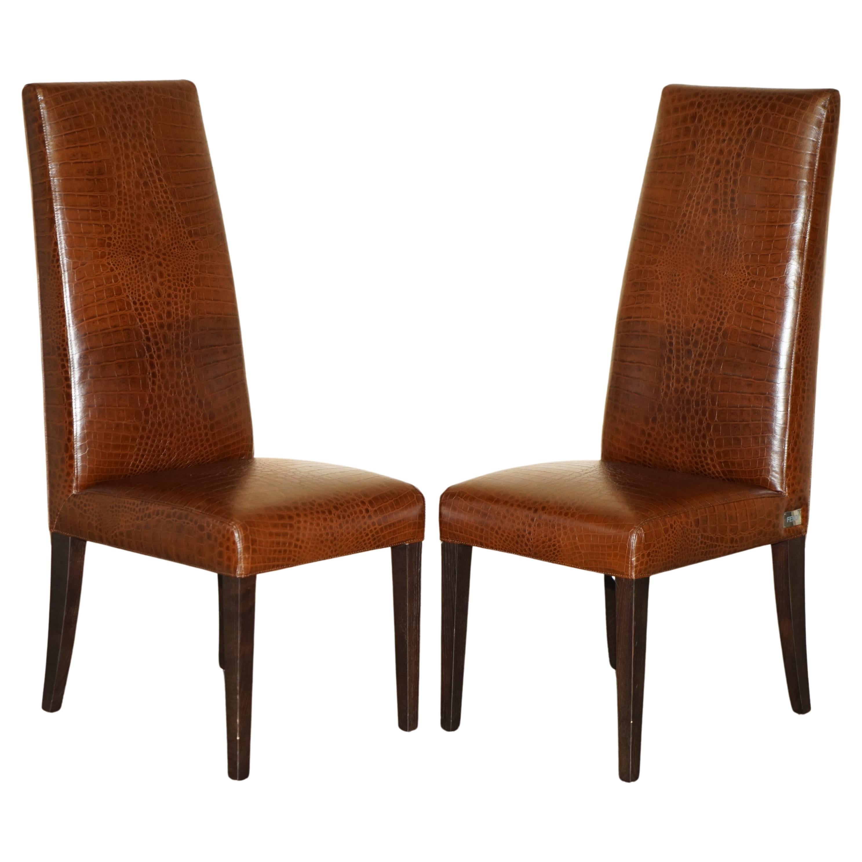 Paire de chaises ovales en cuir marronENDI ALLIGATOR CROCODILE PATINA en vente