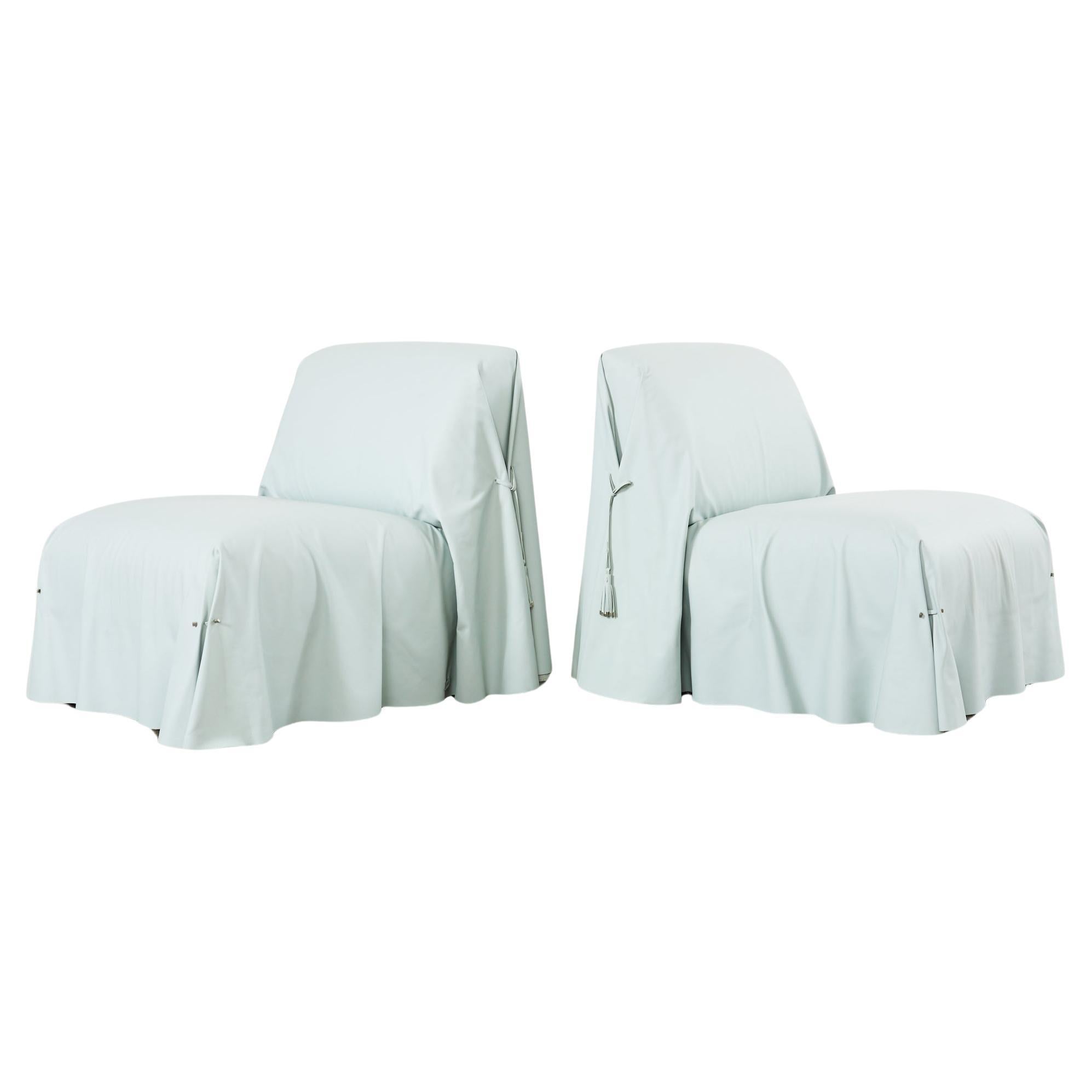 Pair of Fendi Casa Arctic Blue Leather Tunica Lounge Chairs  For Sale