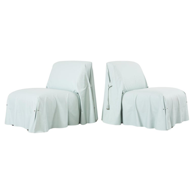 Fendi Casa Pair of Arctic Blue Leather Tunica Lounge Chairs, ca. 2015