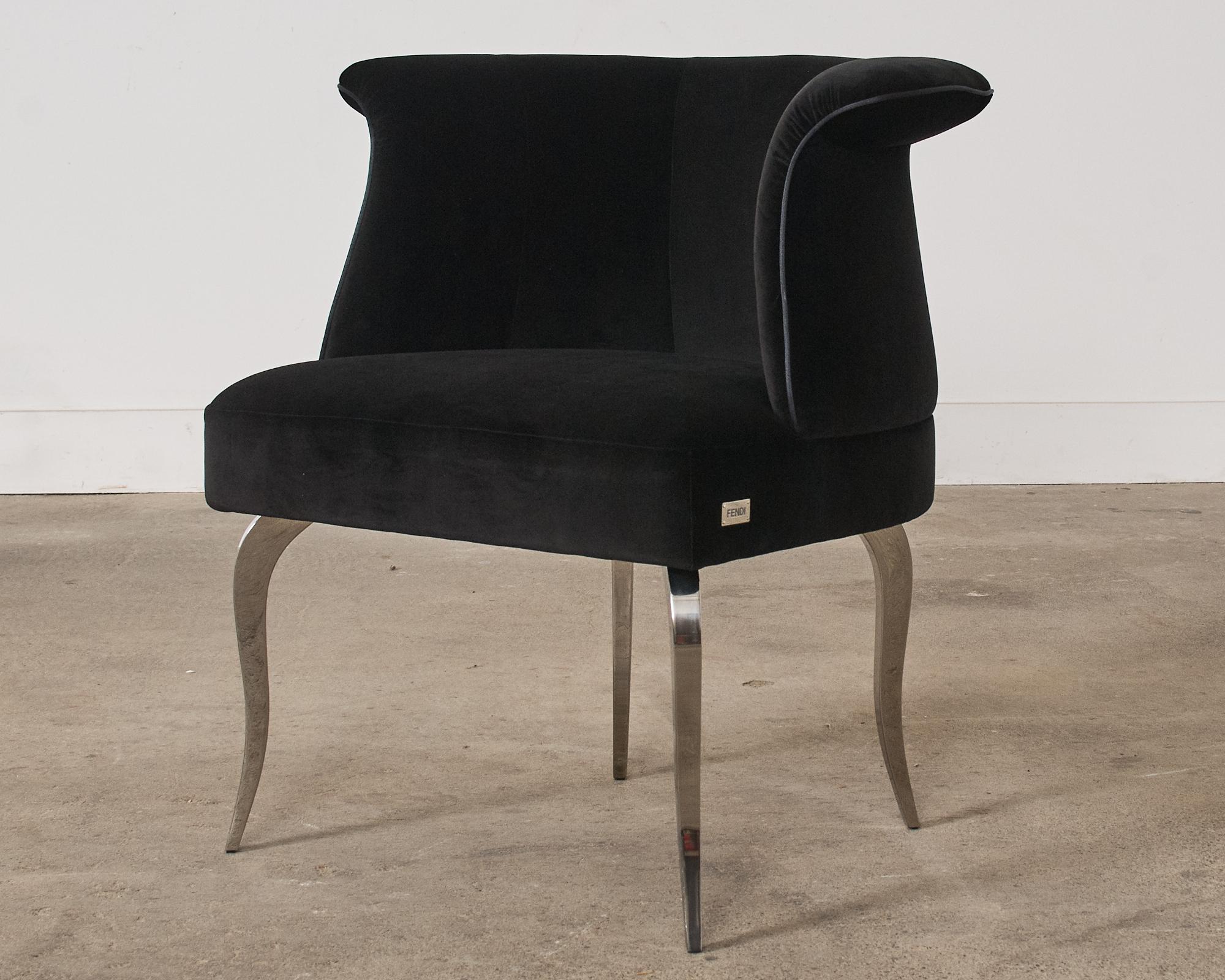 Pair of Fendi Casa Black Velvet Chrome Tulip Chairs For Sale 2