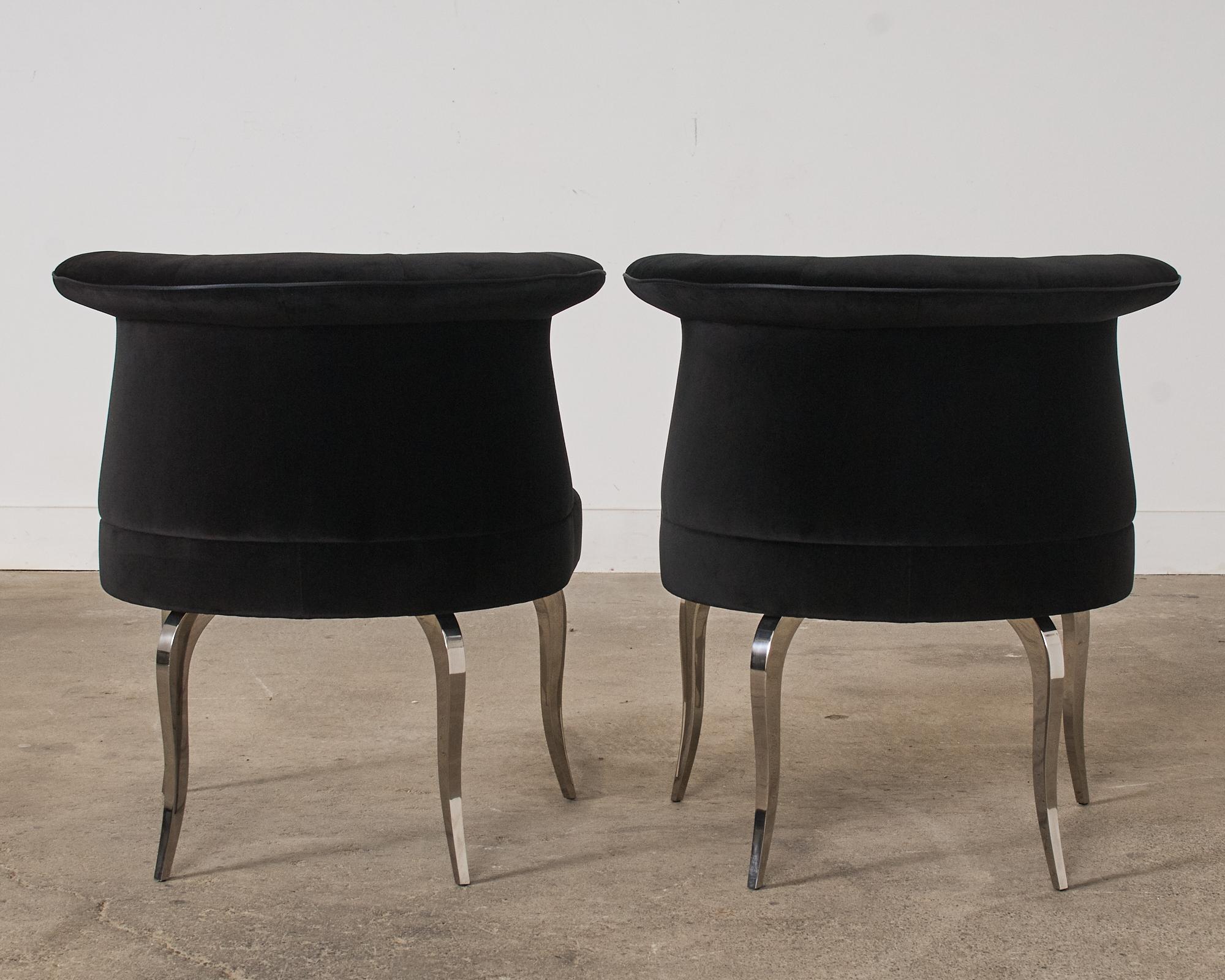 Pair of Fendi Casa Black Velvet Chrome Tulip Chairs For Sale 11