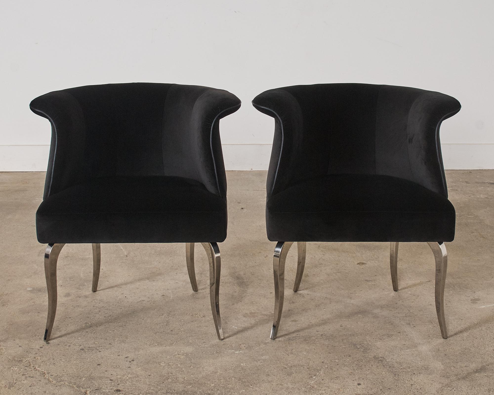 Modern Pair of Fendi Casa Black Velvet Chrome Tulip Chairs For Sale