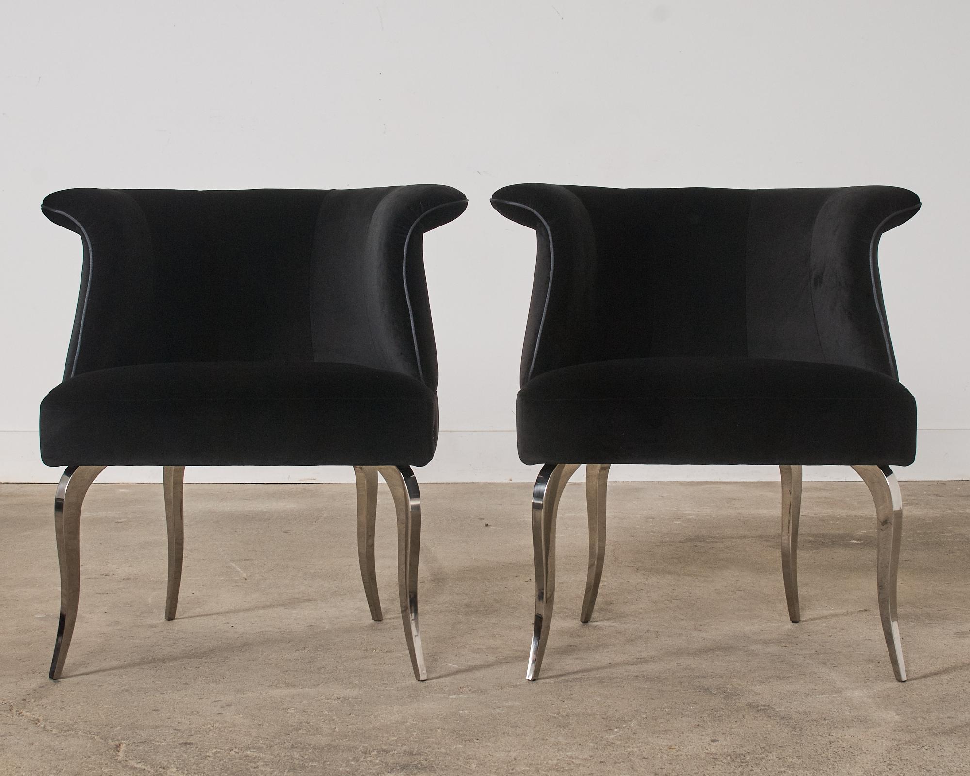 Italian Pair of Fendi Casa Black Velvet Chrome Tulip Chairs For Sale