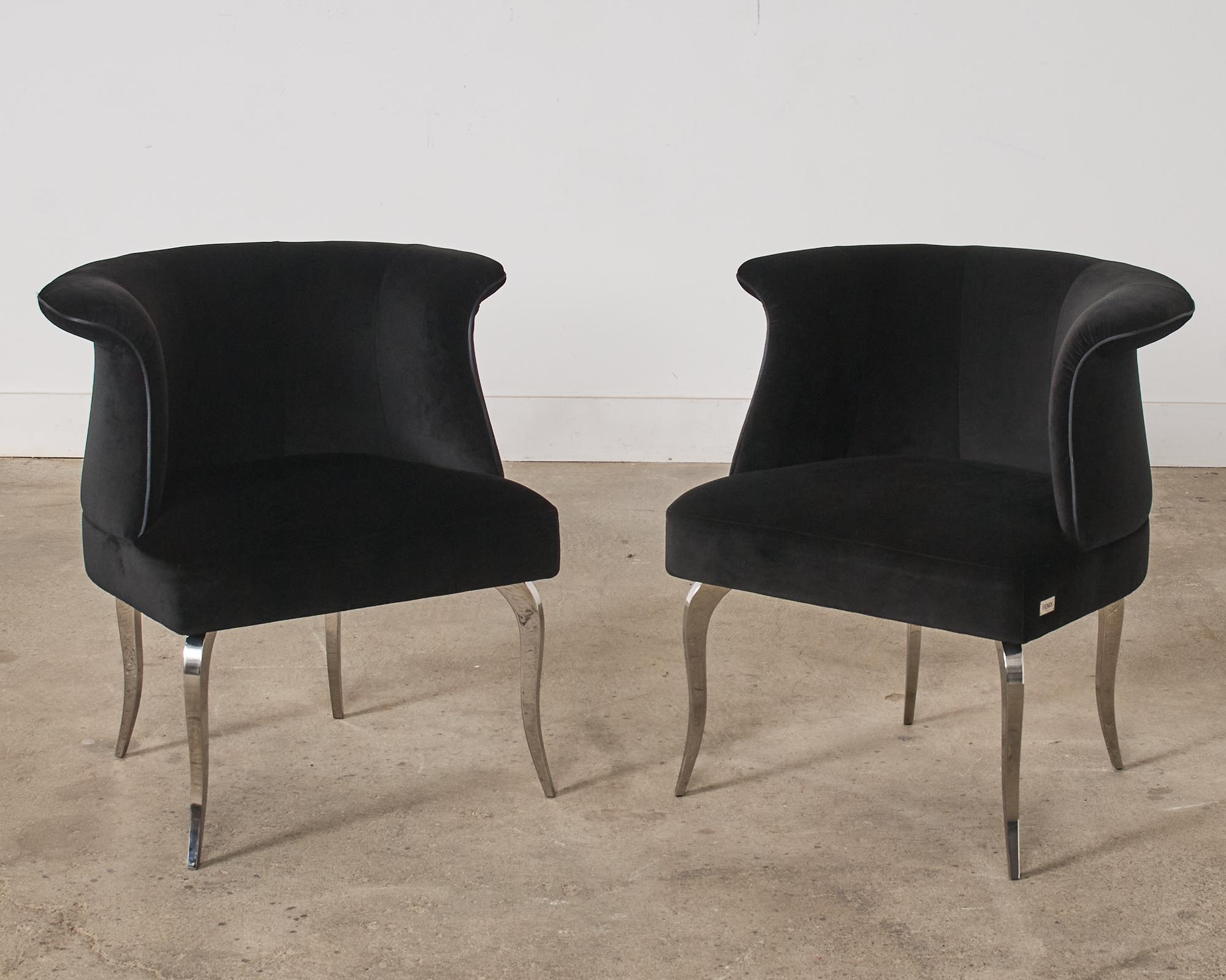 Pair of Fendi Casa Black Velvet Chrome Tulip Chairs In Good Condition For Sale In Rio Vista, CA
