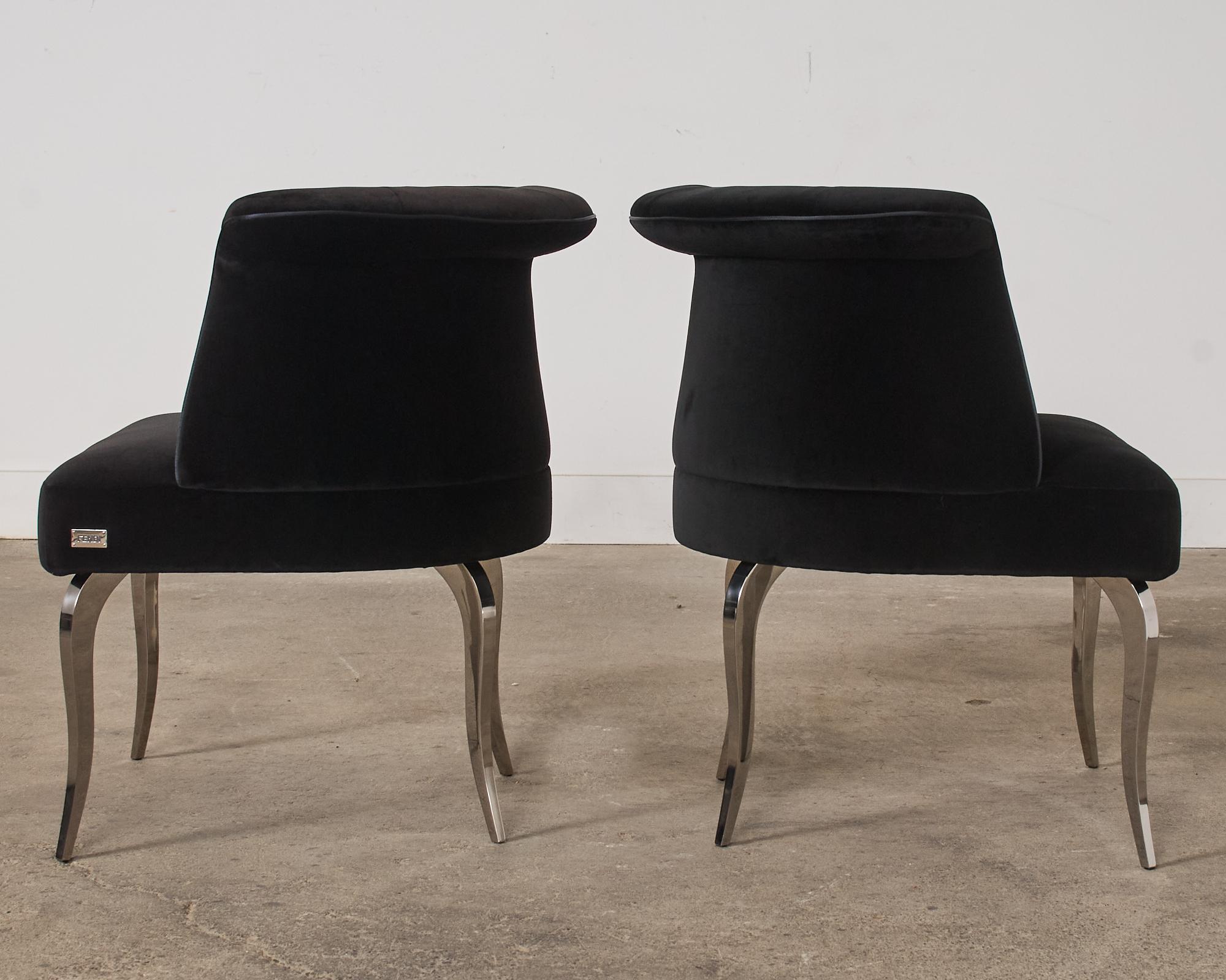 Contemporary Pair of Fendi Casa Black Velvet Chrome Tulip Chairs For Sale