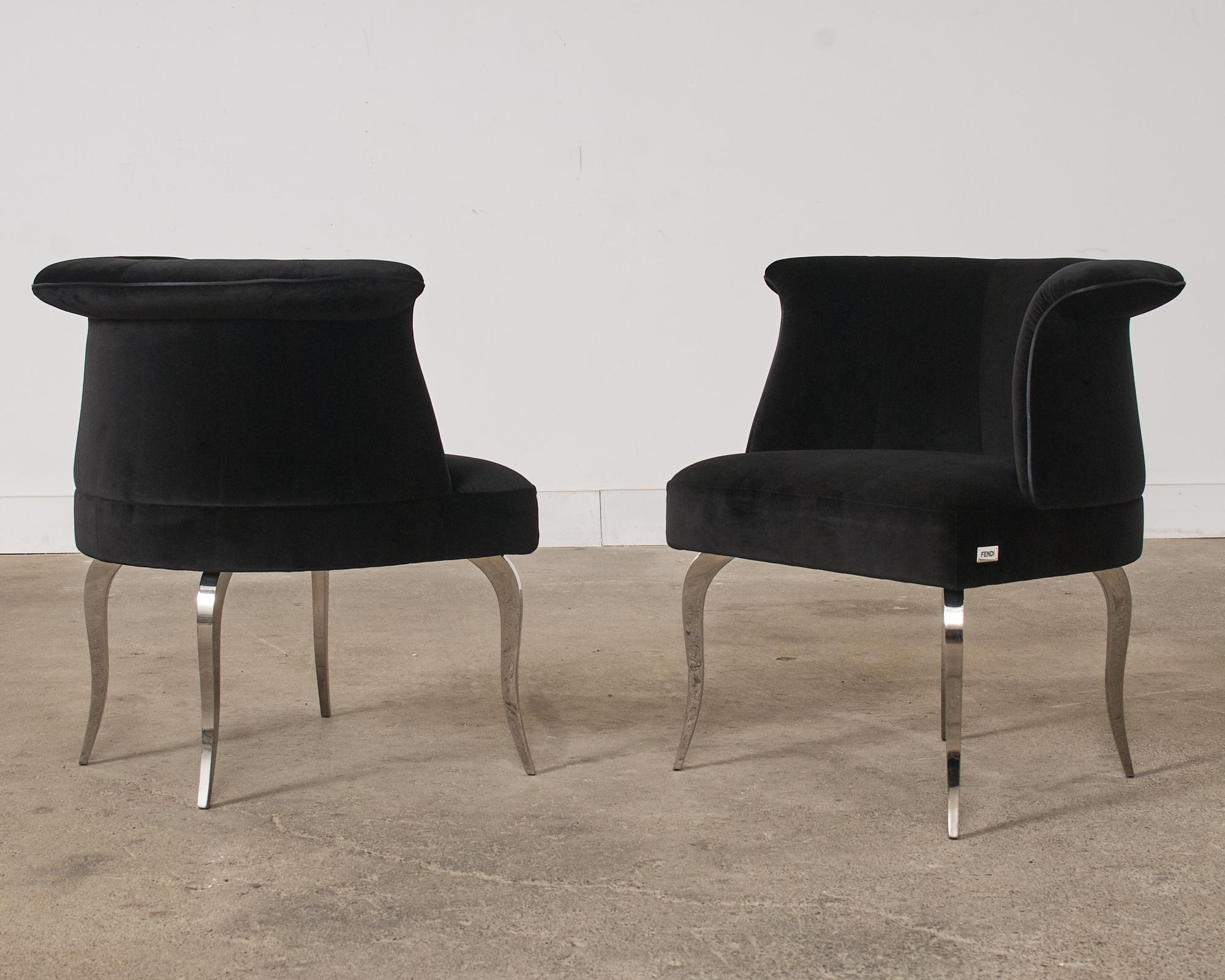 Pair of Fendi Casa Black Velvet Chrome Tulip Chairs For Sale 1