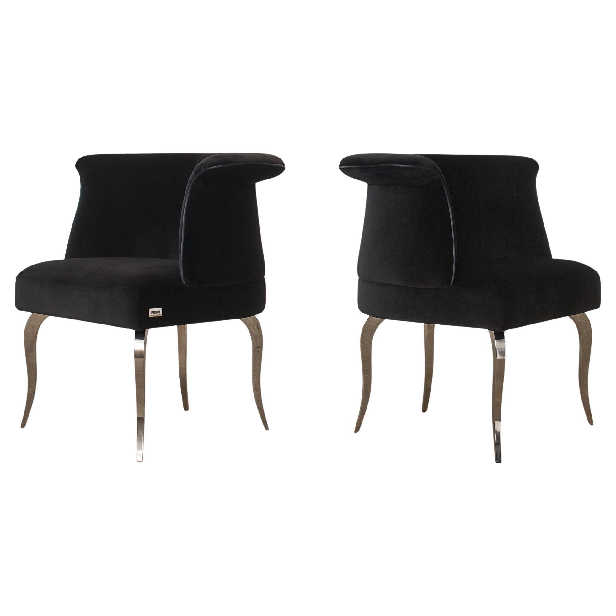 Pair of Fendi Casa Black Velvet Chrome Tulip Chairs For Sale