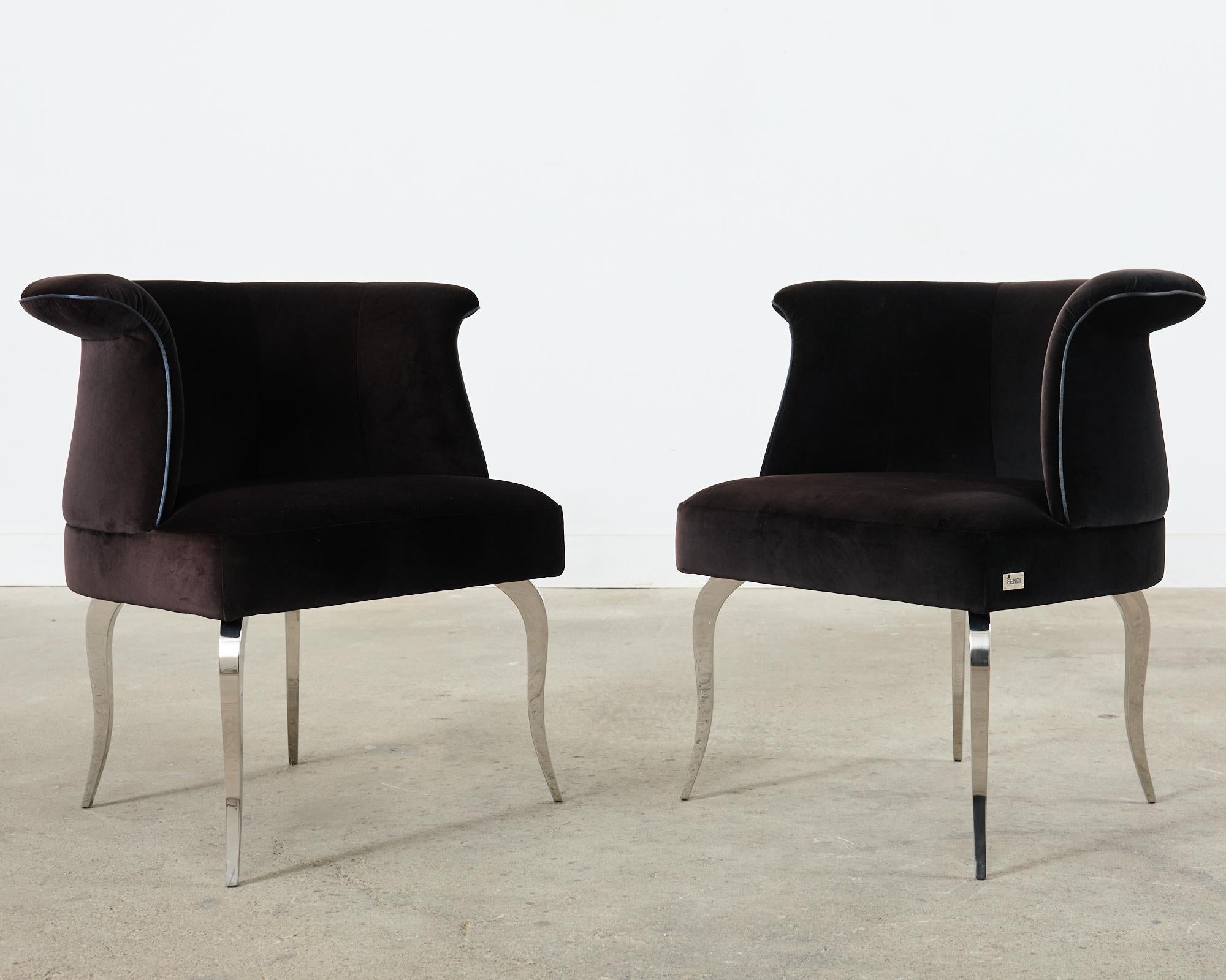 Modern Pair of Fendi Casa Velvet Chrome Tulip Chairs For Sale