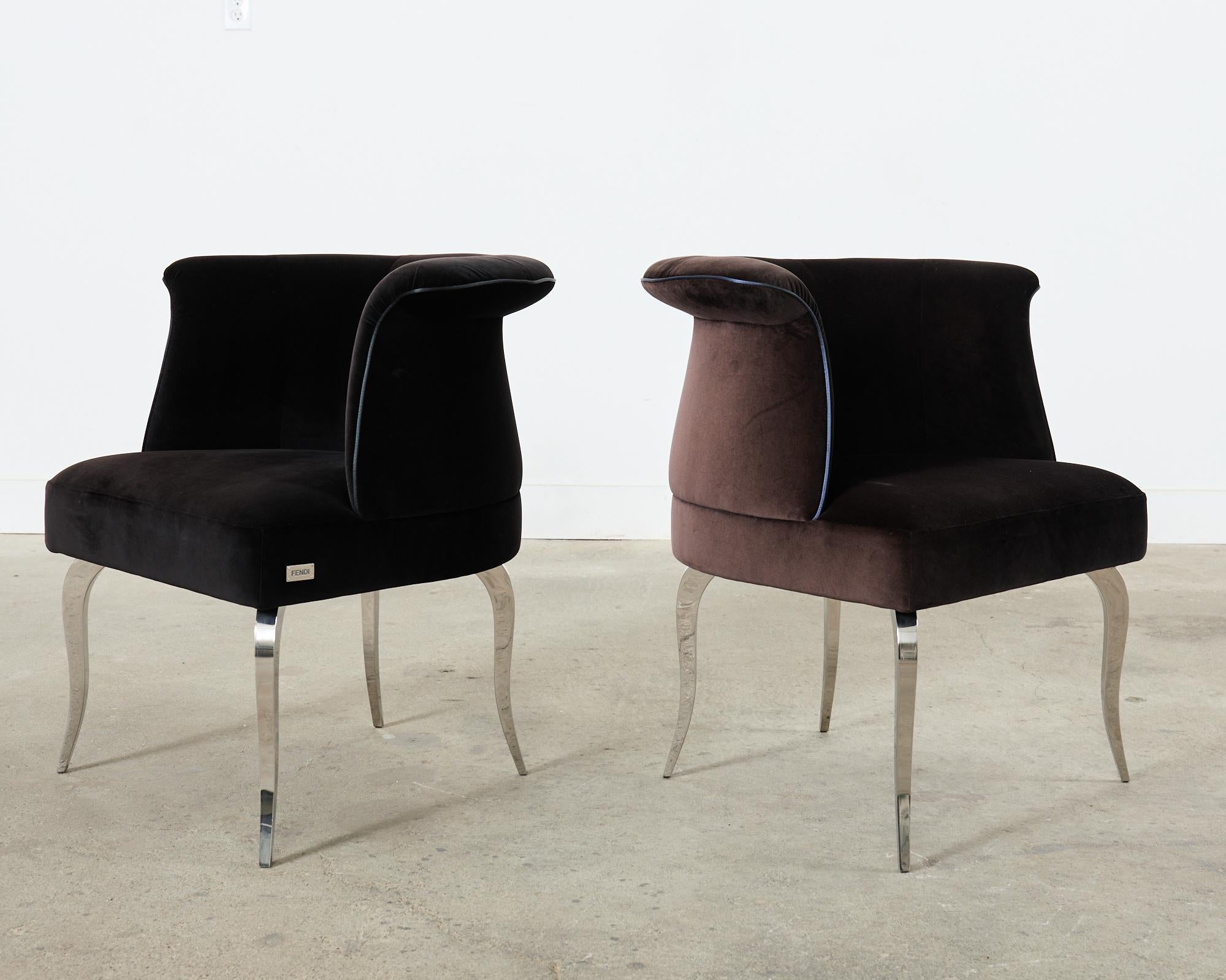 Pair of Fendi Casa Velvet Chrome Tulip Chairs In Good Condition For Sale In Rio Vista, CA