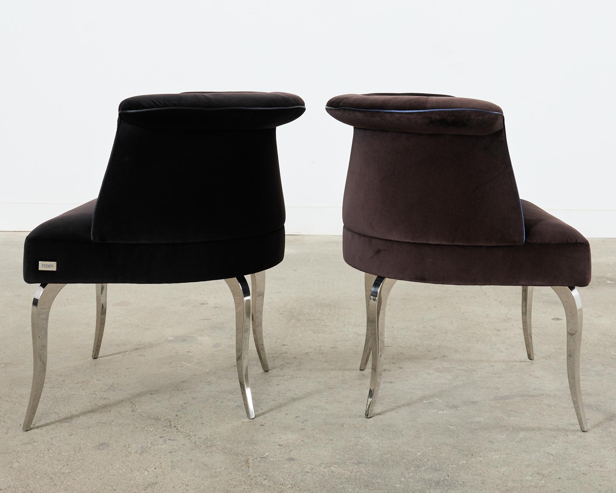 Contemporary Pair of Fendi Casa Velvet Chrome Tulip Chairs For Sale